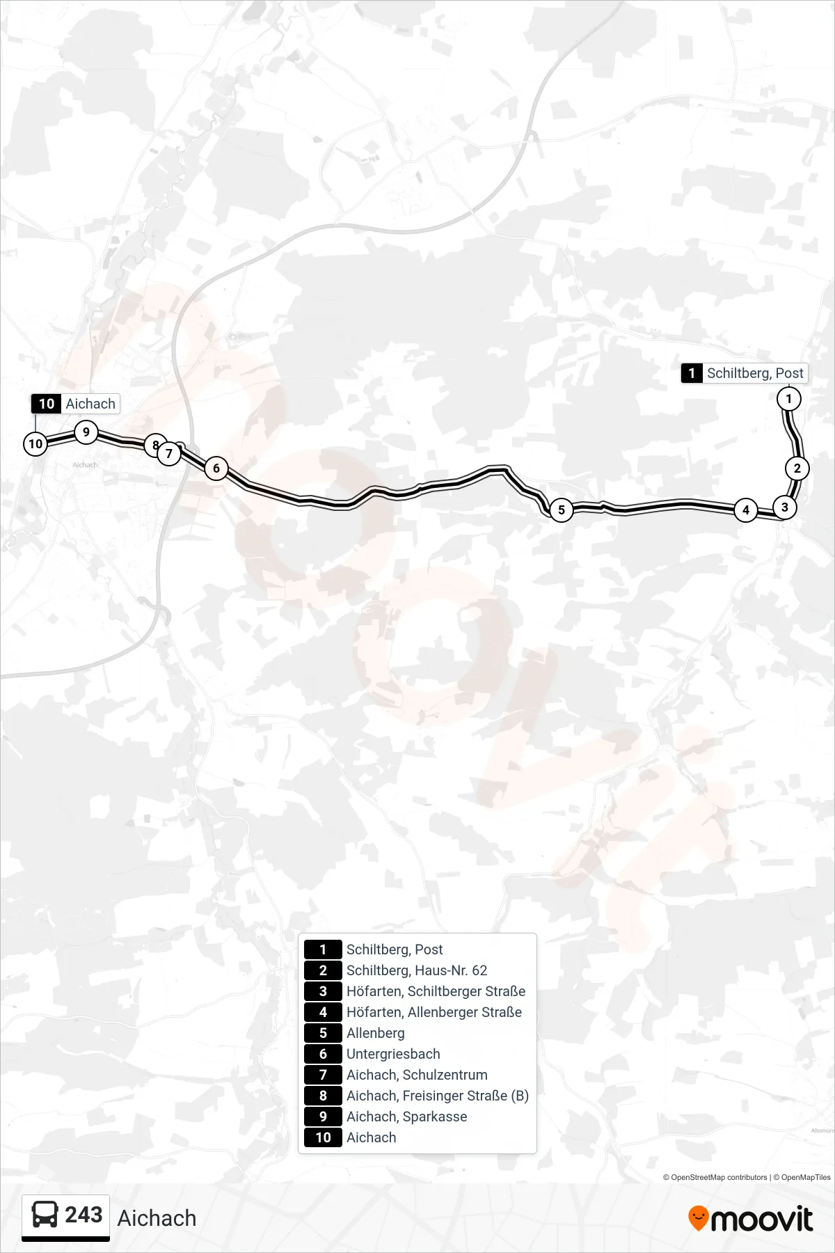 243 bus Line (Aichach) route and stops on a map