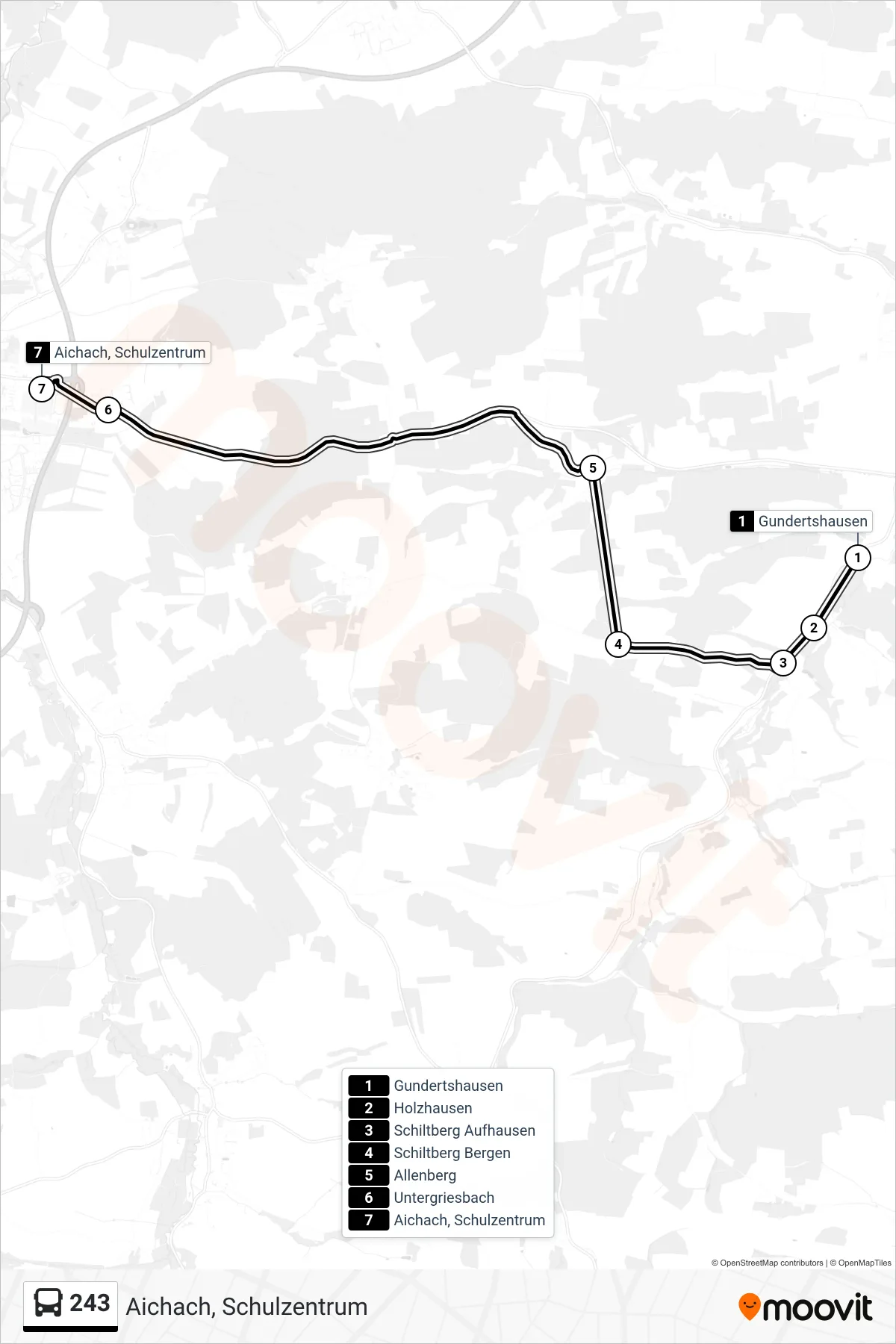 243 bus Line (Aichach, Schulzentrum) route and stops on a map