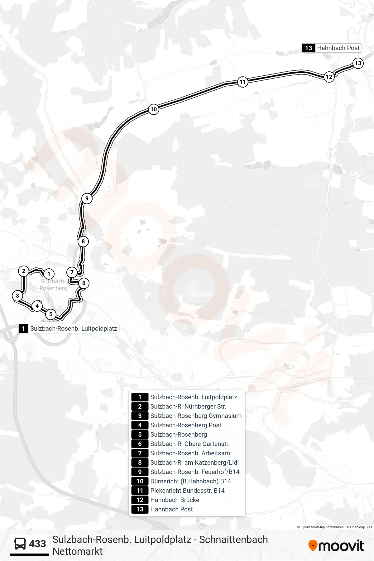 433 bus Line (Hahnbach) route and stops on a map