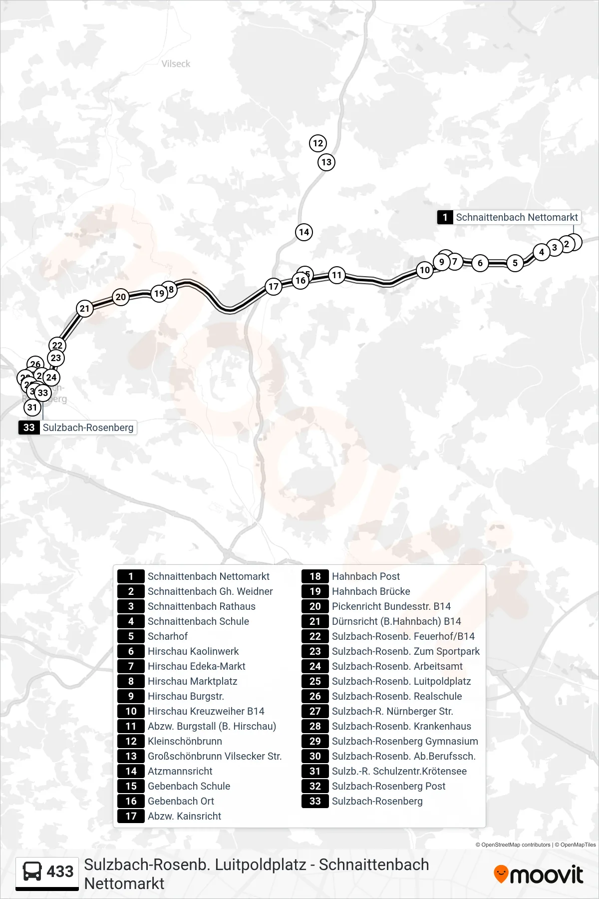 433 bus Line (Sulzbach-Rosenberg ; Bahnhof) route and stops on a map