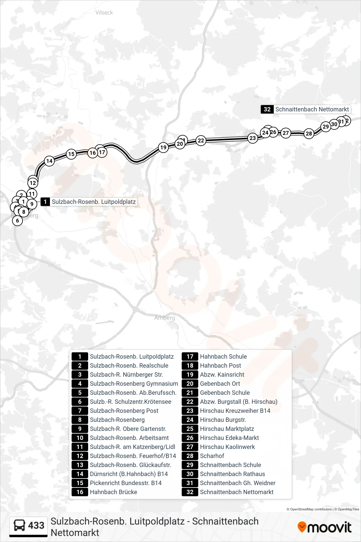 Linie 433 (Bus) Richtung Schnaittenbach: Route und Haltestellen auf der Karte