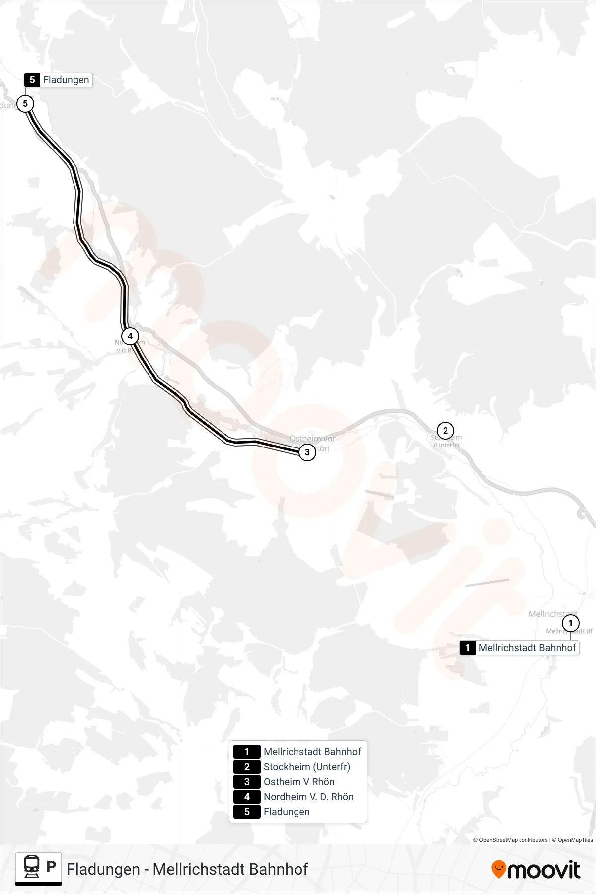 Linie P (Bahn) Richtung Fladungen: Route und Haltestellen auf der Karte