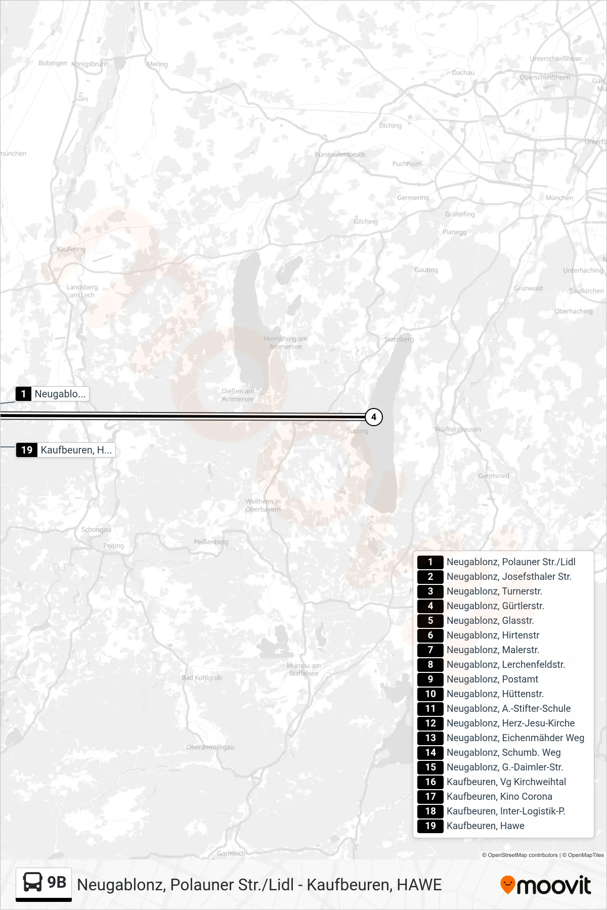 9B bus Line (Kaufbeuren, Hawe) route and stops on a map