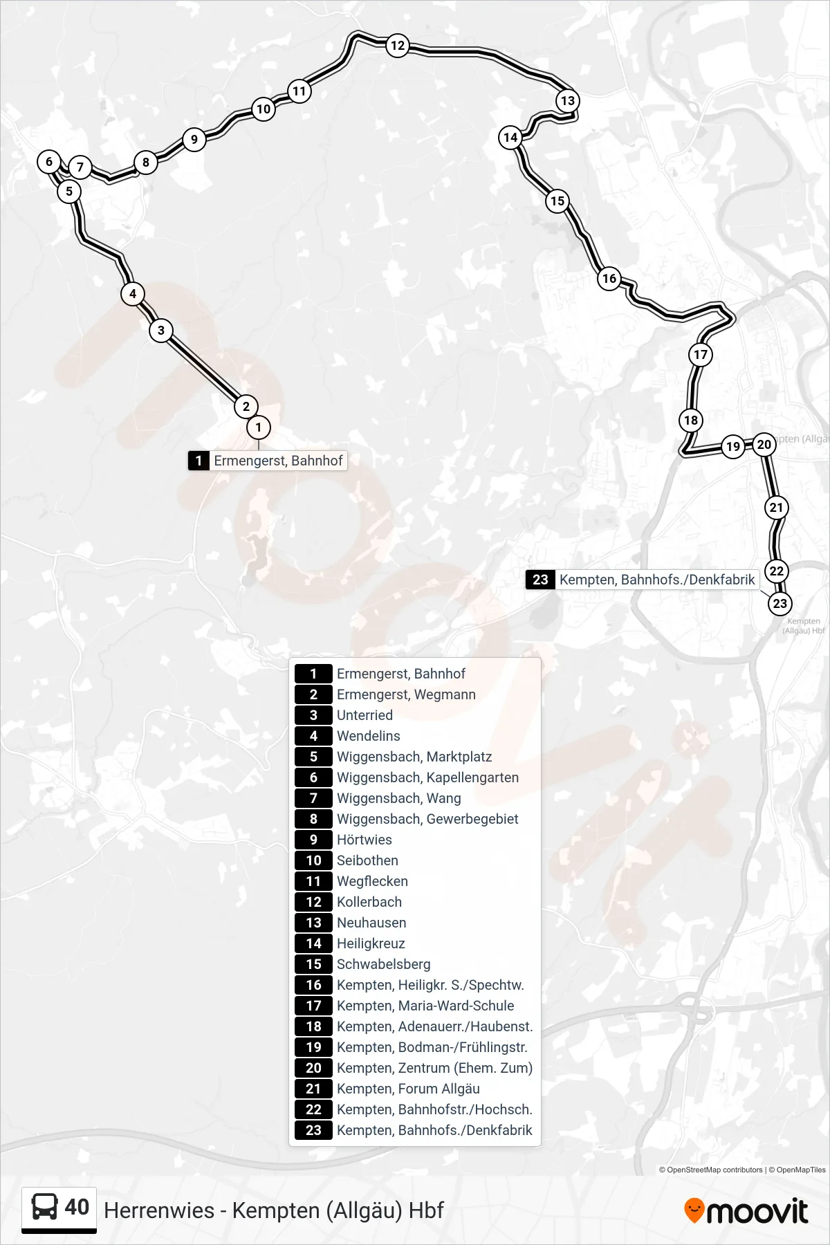 Linie 40 (Bus) Richtung Kempten Denkfabrik: Route und Haltestellen auf der Karte