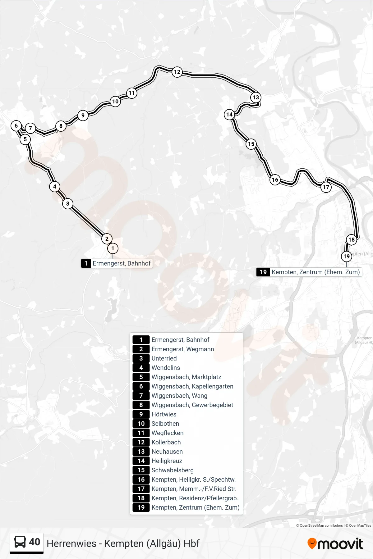 40 bus Line (Kempten Zentrum) route and stops on a map