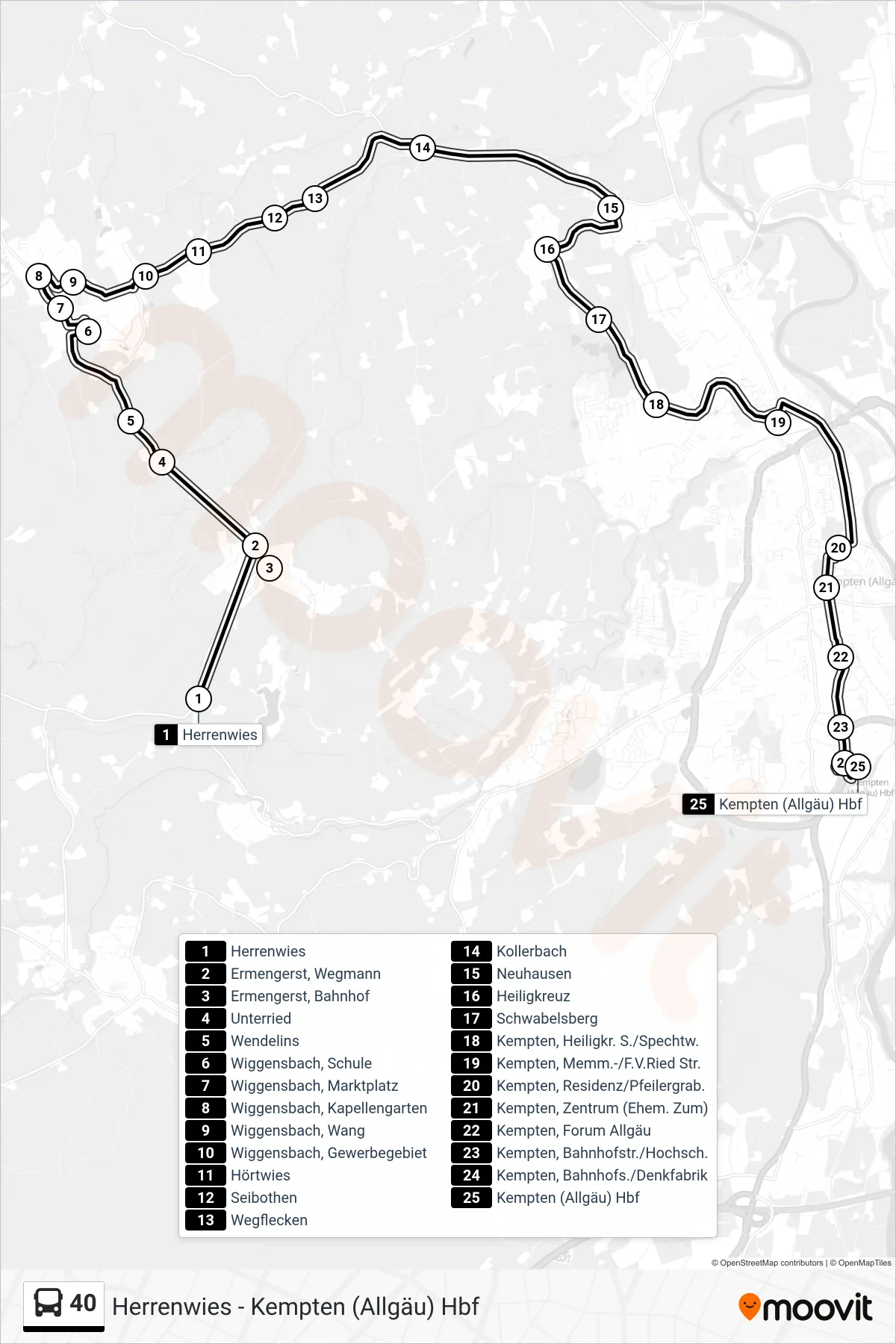 40 bus Line (Kempten Hauptbahnhof) route and stops on a map