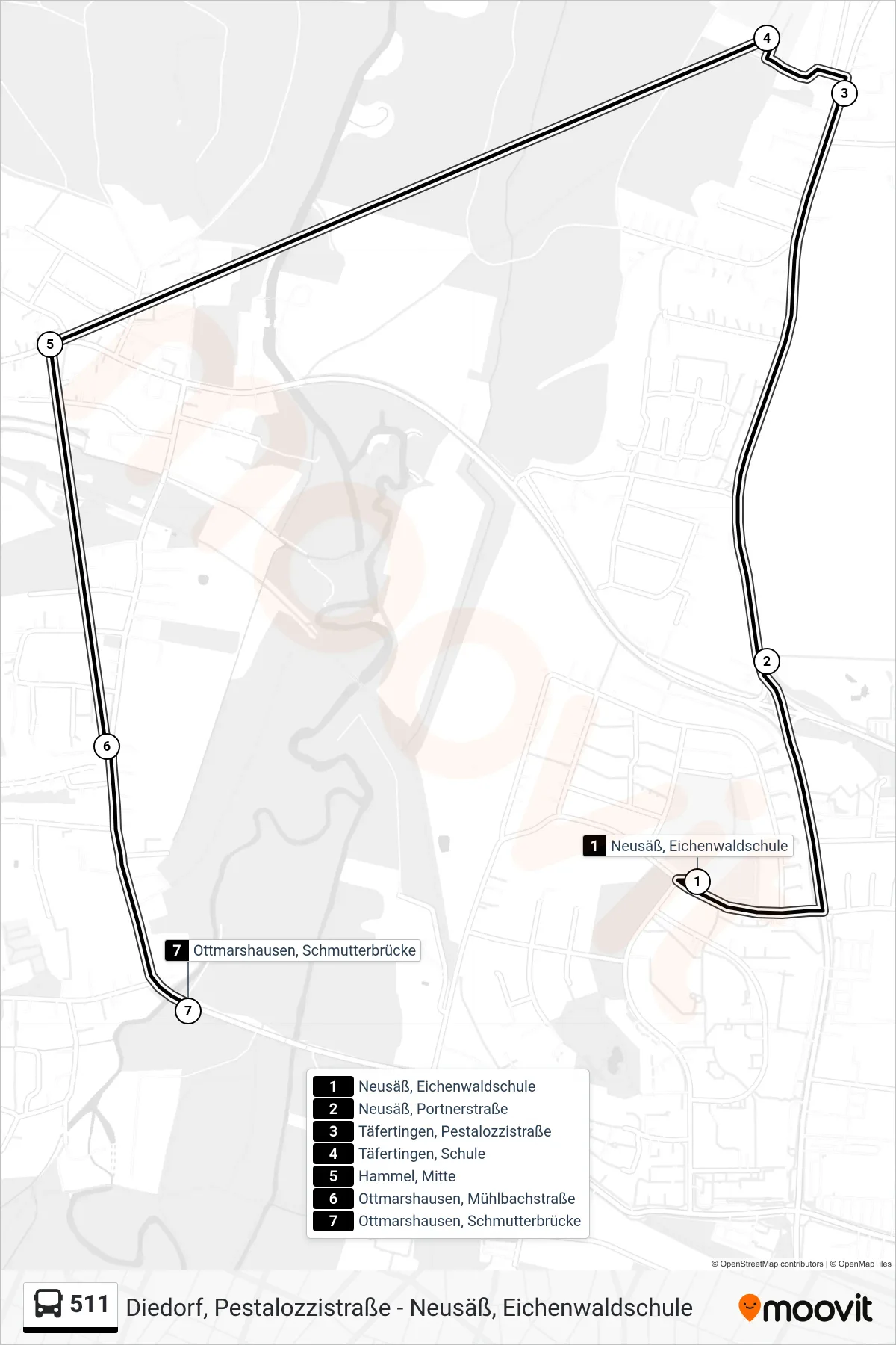 Linie 511 (Bus) Richtung Ottmarshausen Schmutterbrücke: Route und Haltestellen auf der Karte