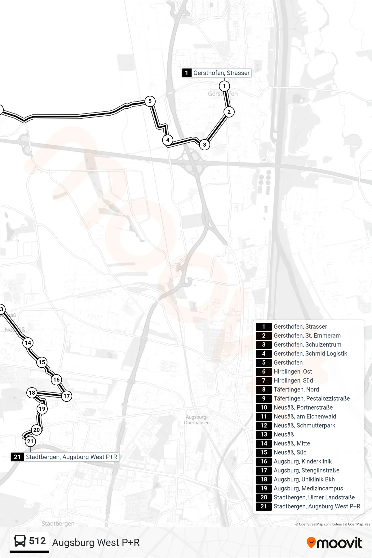 Linie 512 (Bus) Richtung Augsburg West P+R: Route und Haltestellen auf der Karte
