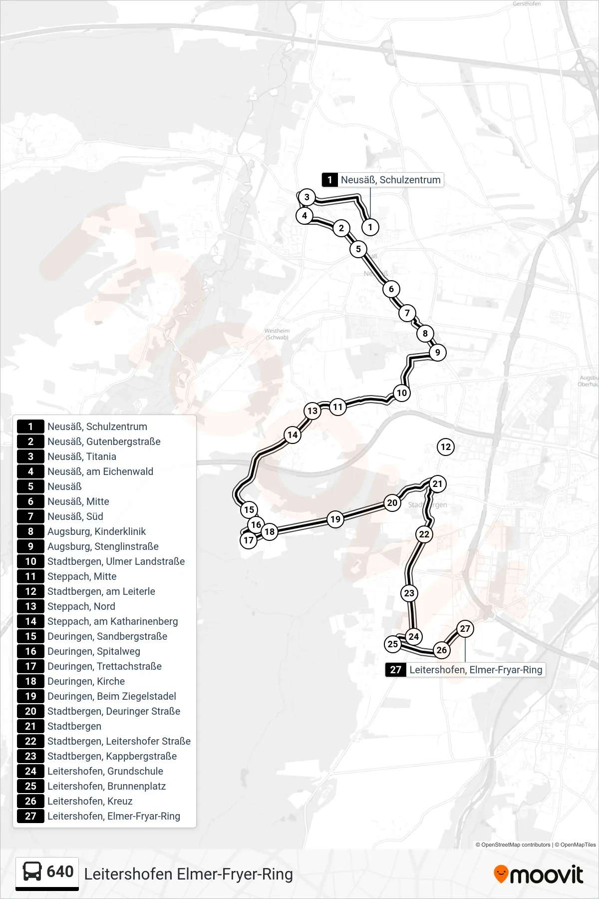 Linie 640 (Bus) Richtung Leitershofen Elmer-Fryer-Ring: Route und Haltestellen auf der Karte