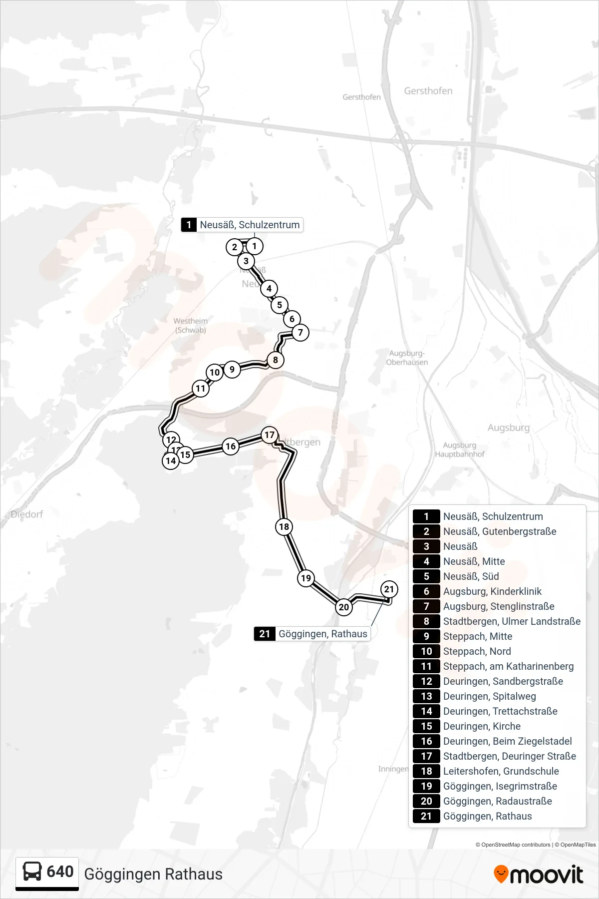 Linie 640 (Bus) Richtung Göggingen Rathaus: Route und Haltestellen auf der Karte