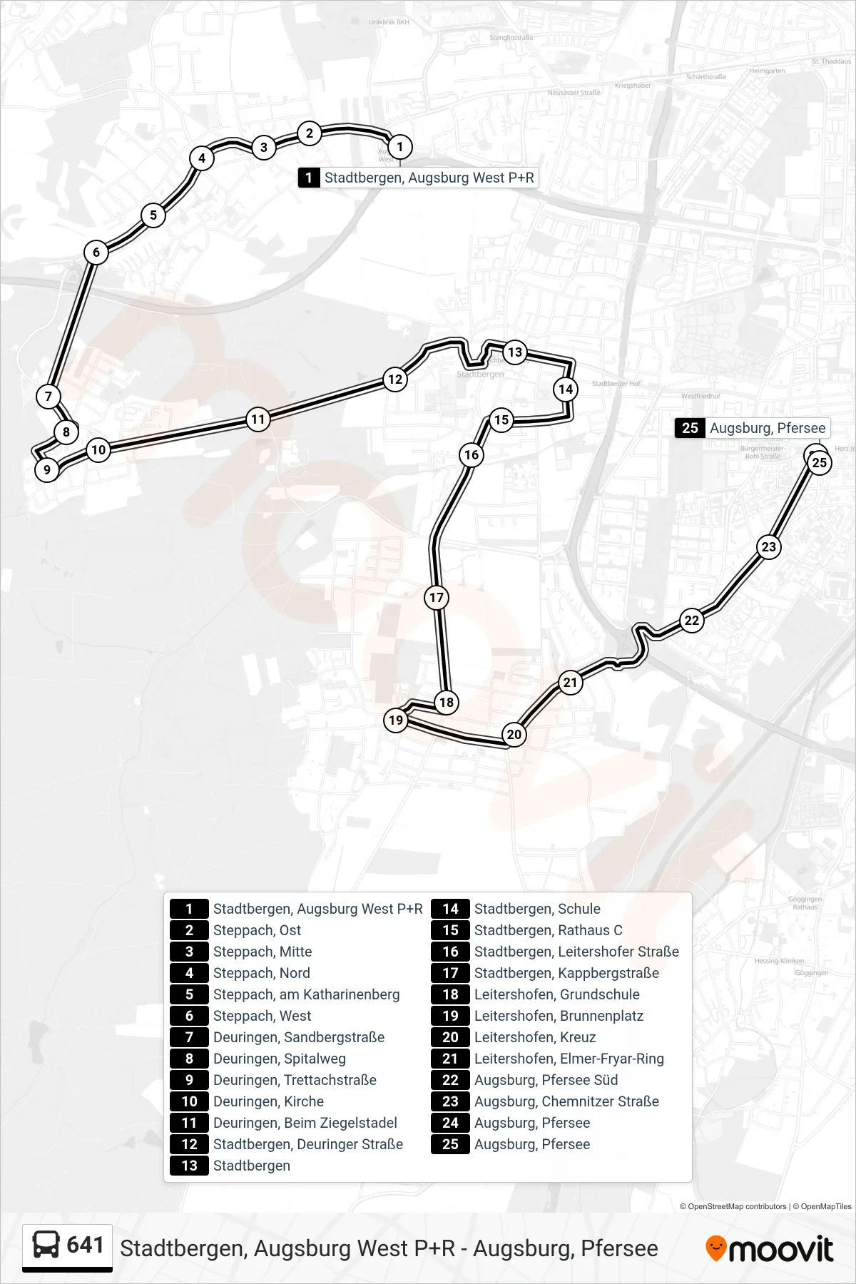 Linie 641 (Bus) Richtung Augsburg: Route und Haltestellen auf der Karte