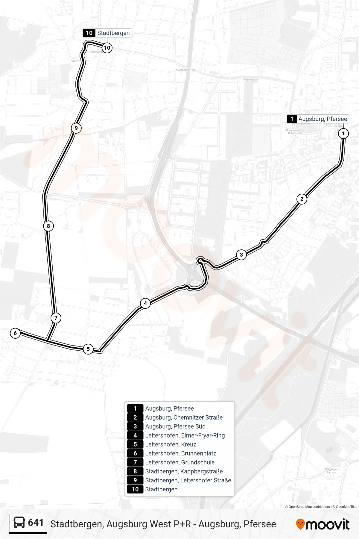 Linie 641 (Bus) Richtung Stadtbergen: Route und Haltestellen auf der Karte