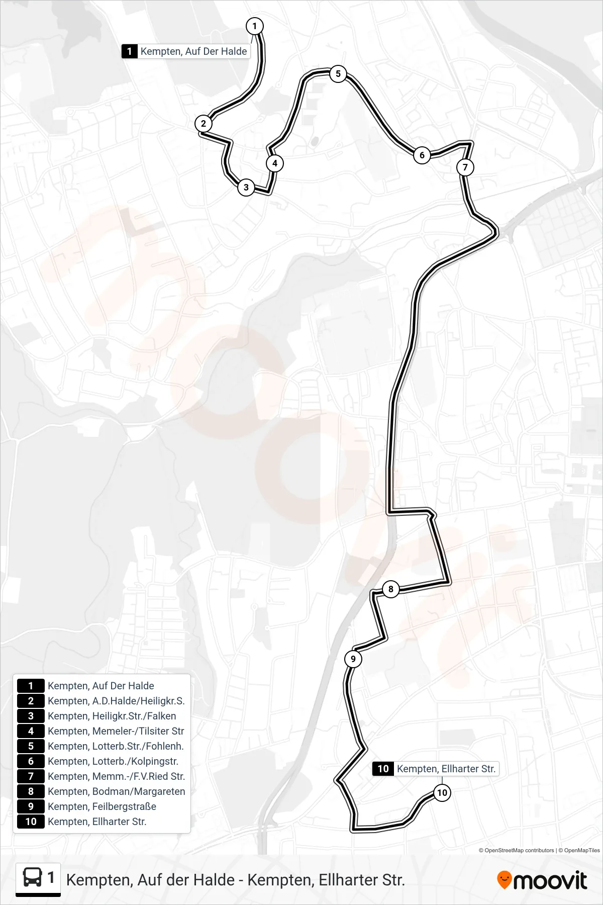 Linie 1 (Bus) Richtung Kempten, Ellharter Str.: Route und Haltestellen auf der Karte