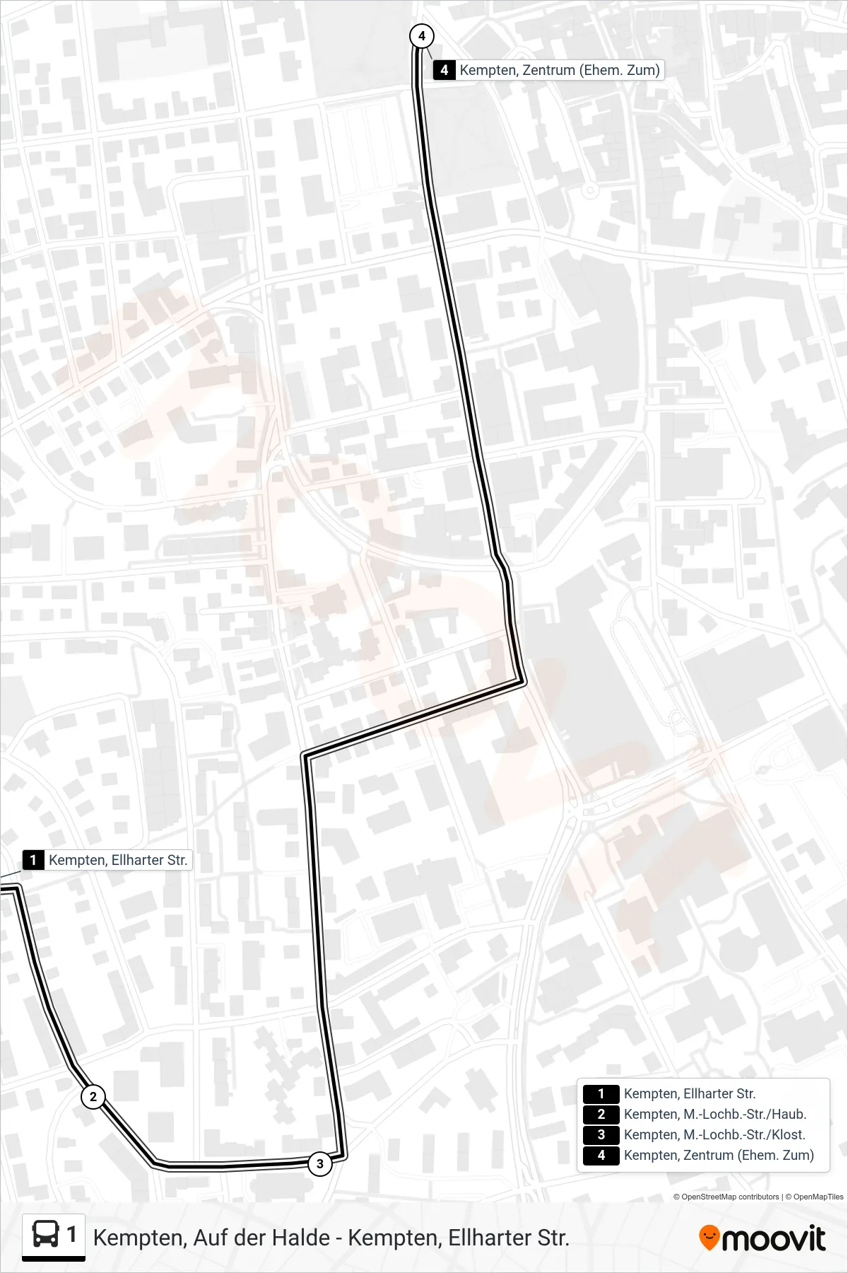 Linie 1 (Bus) Richtung Kempten, Zentrum (Ehem. Zum): Route und Haltestellen auf der Karte