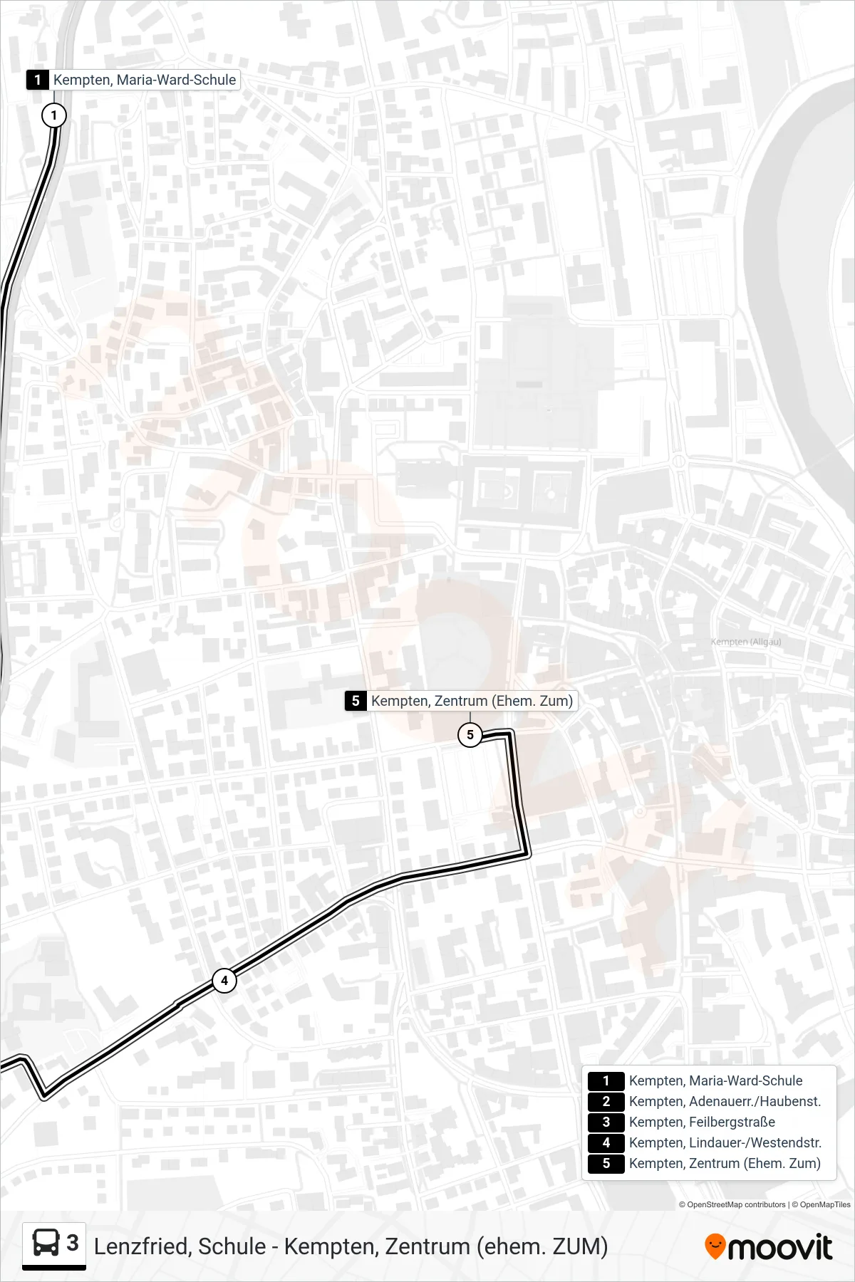 3 bus Line (Kempten, Zentrum (Ehem. Zum)) route and stops on a map