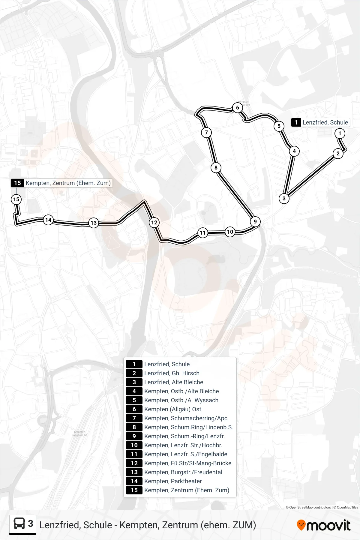Linie 3 (Bus) Richtung Kempten, Zentrum (Ehem. Zum): Route und Haltestellen auf der Karte