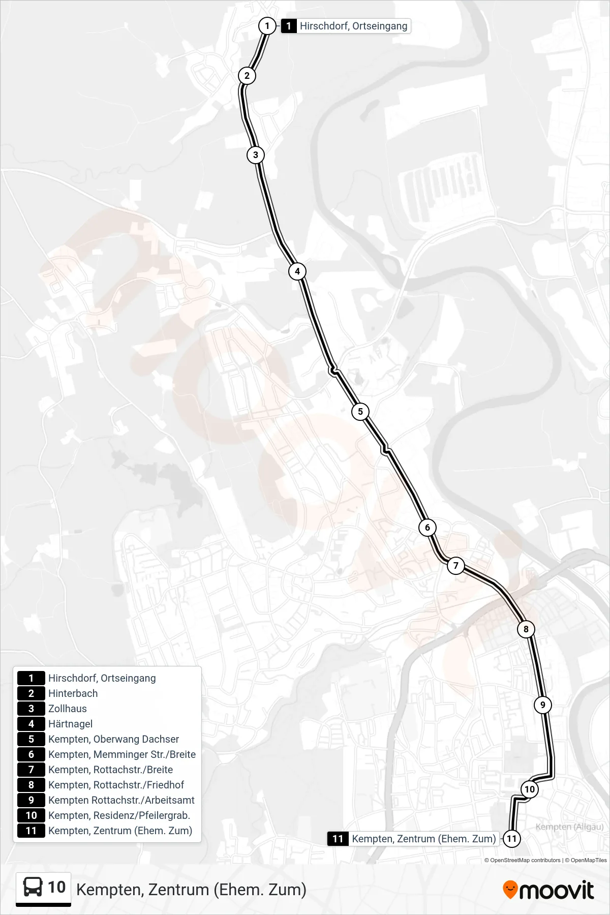 Linie 10 (Bus) Richtung Kempten, Zentrum (Ehem. Zum): Route und Haltestellen auf der Karte