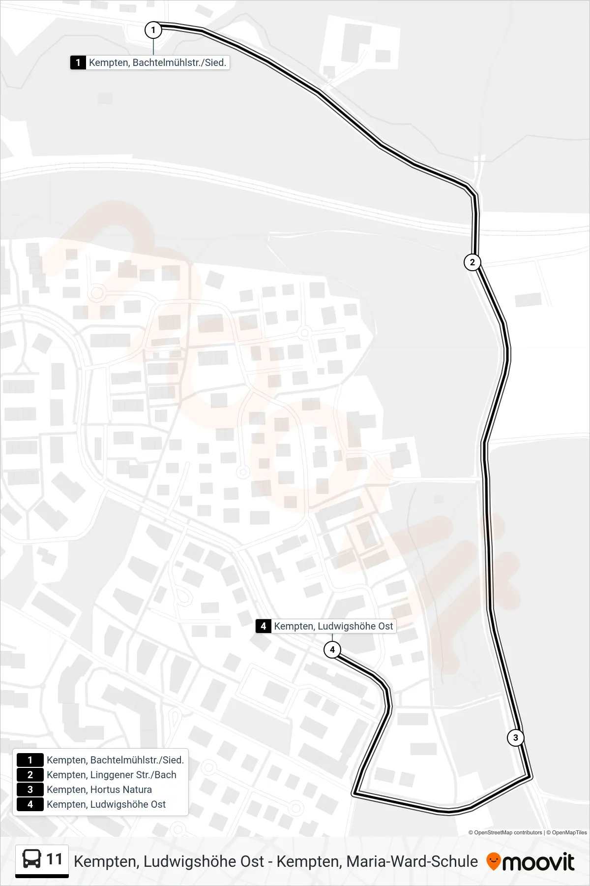 11 bus Line (Zentrum) route and stops on a map