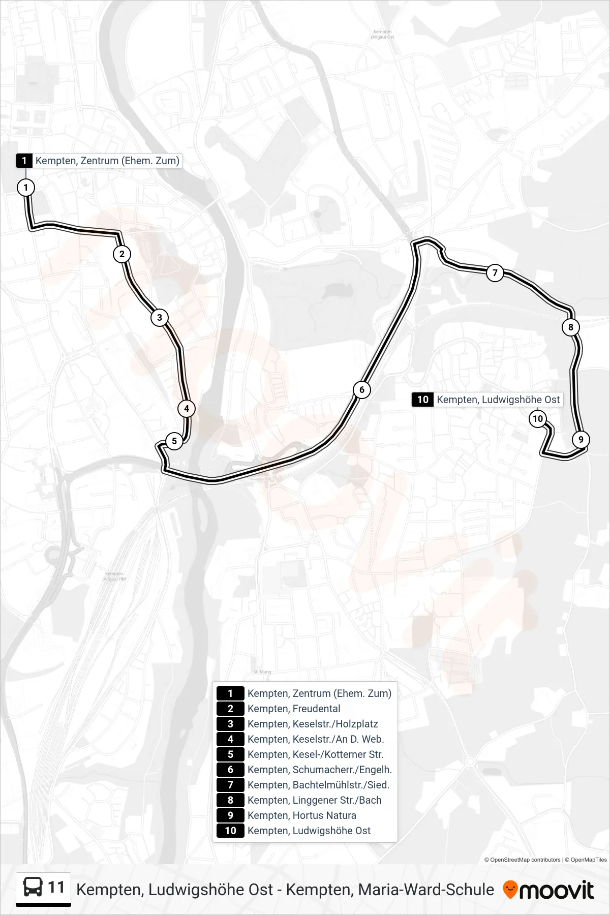 11 bus Line (Kempten, Ludwigshöhe Ost) route and stops on a map