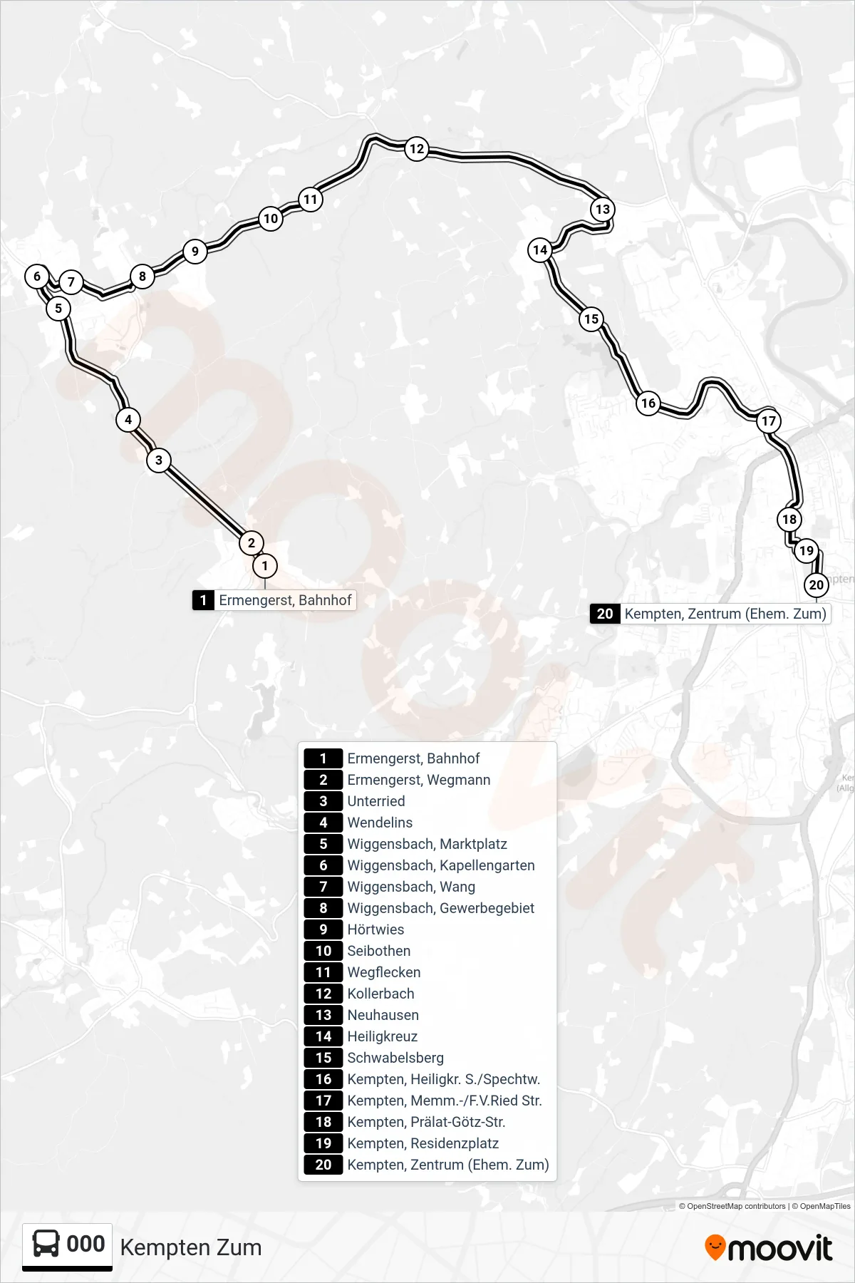 000 bus Line (Kempten Zum) route and stops on a map