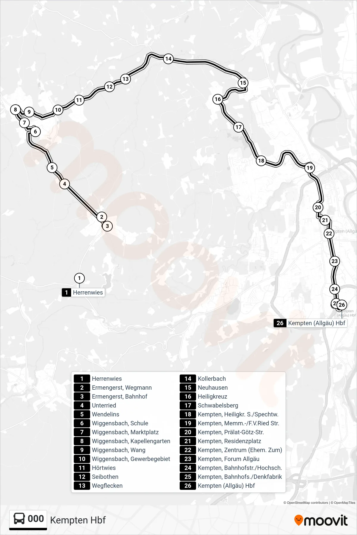 000 bus Line (Kempten Hbf) route and stops on a map