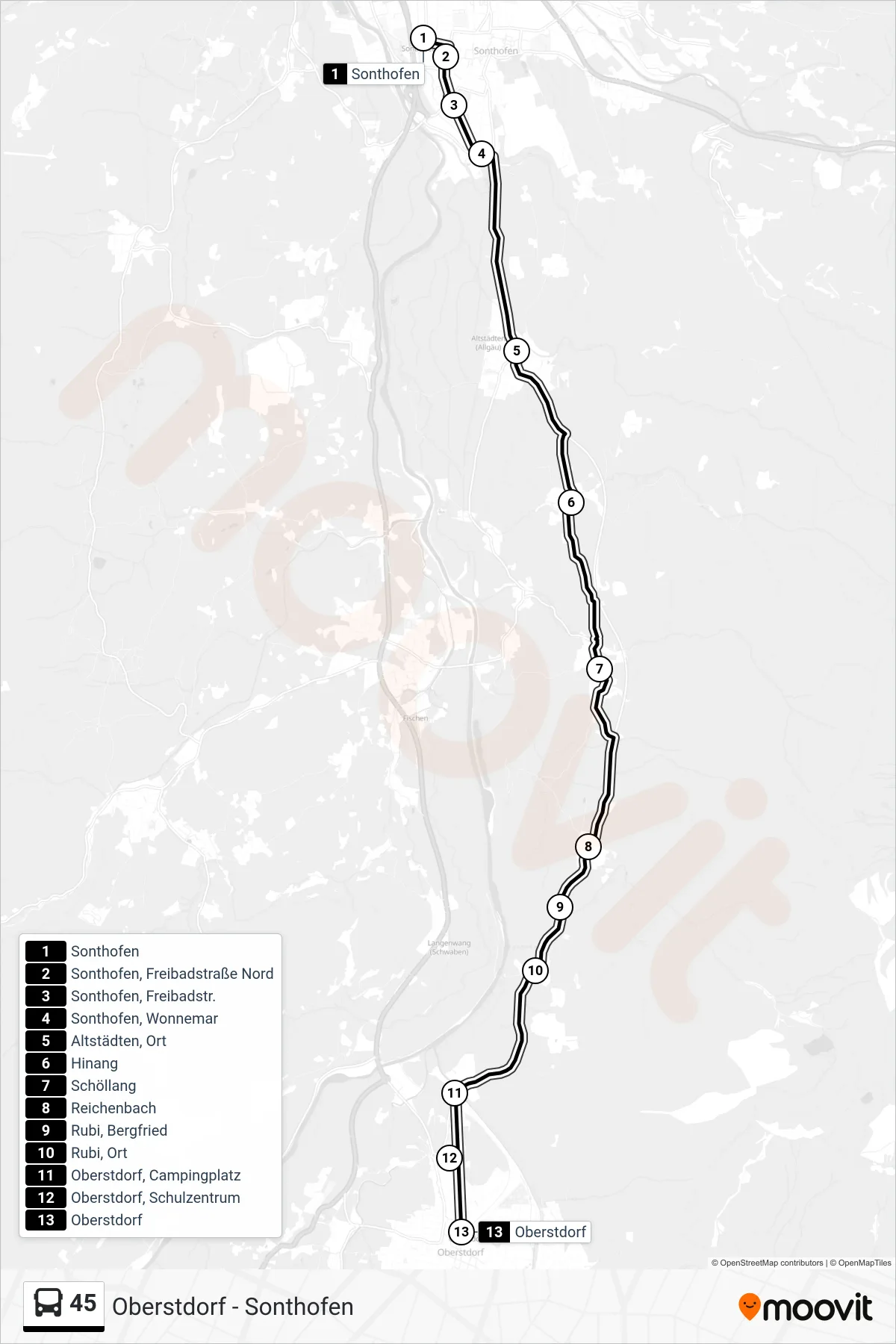 45 bus Line (Oberstdorf) route and stops on a map
