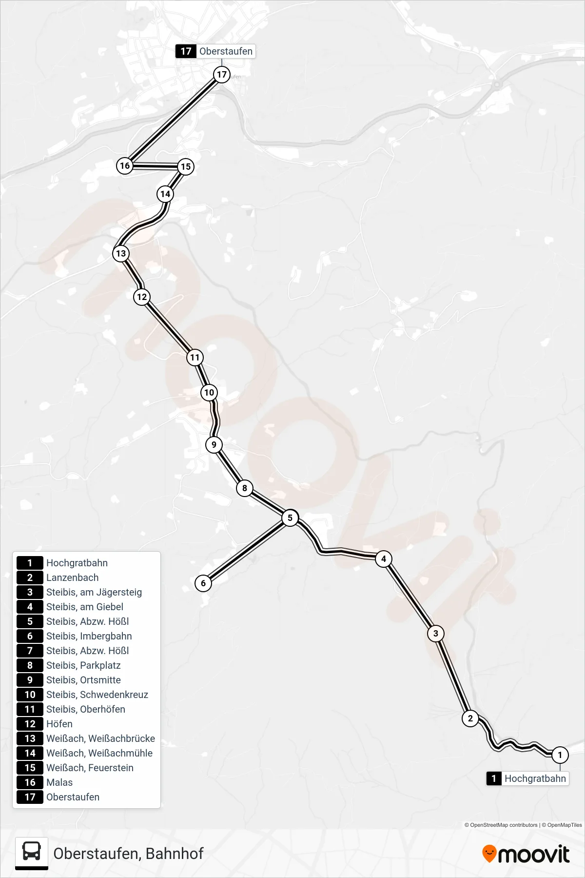 Linie 85709830 (Bus) Richtung Oberstaufen, Bahnhof: Route und Haltestellen auf der Karte