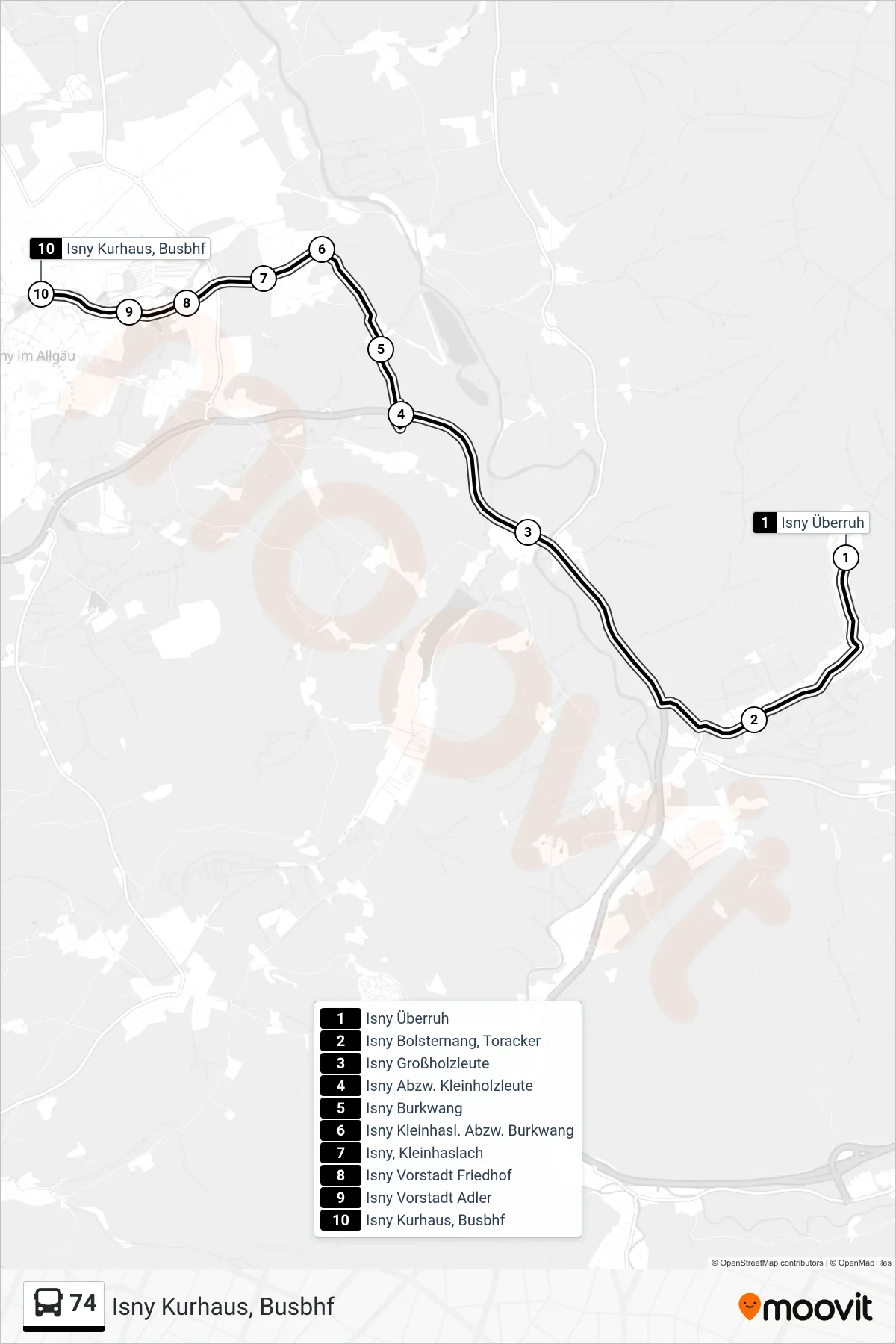 Linie 74 (Bus) Richtung Isny Kurhaus, Busbhf: Route und Haltestellen auf der Karte