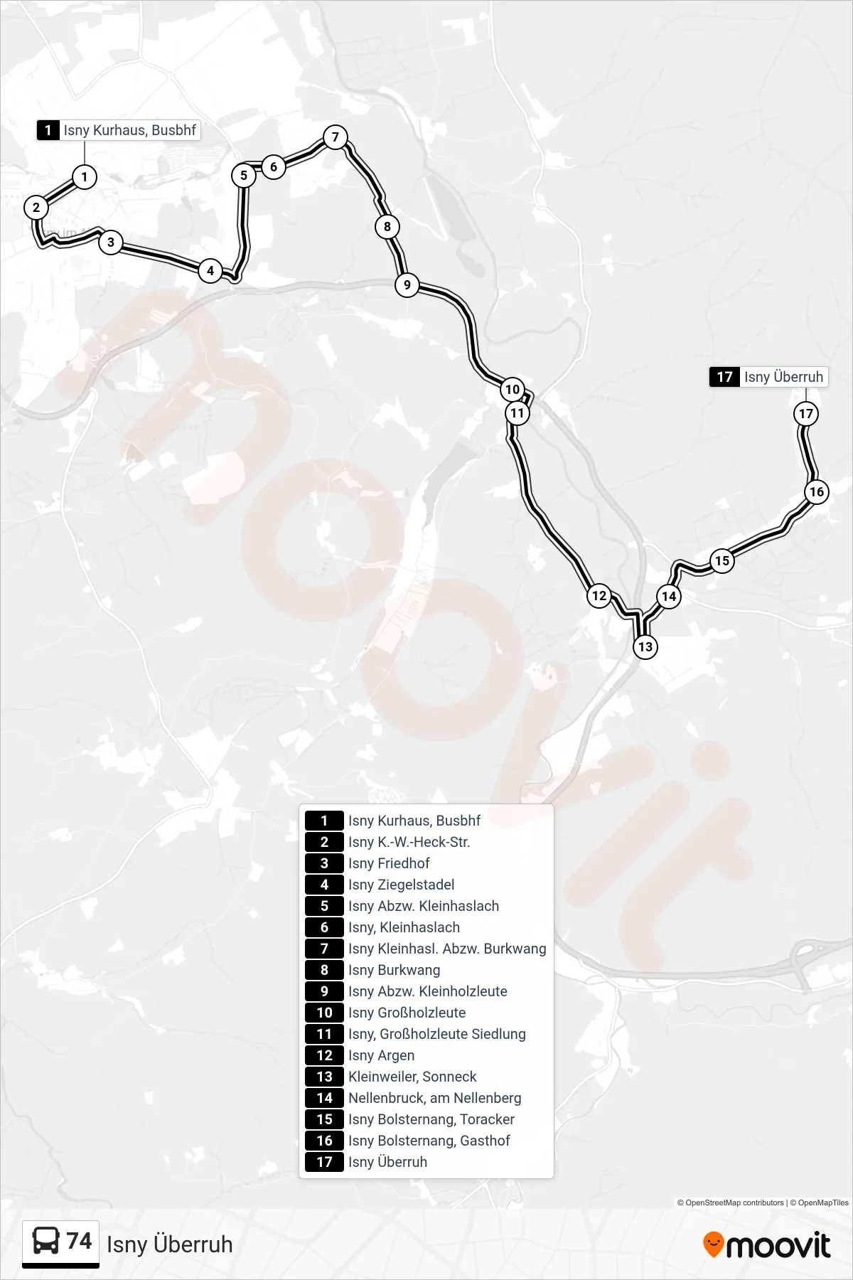 74 bus Line (Isny Überruh) route and stops on a map