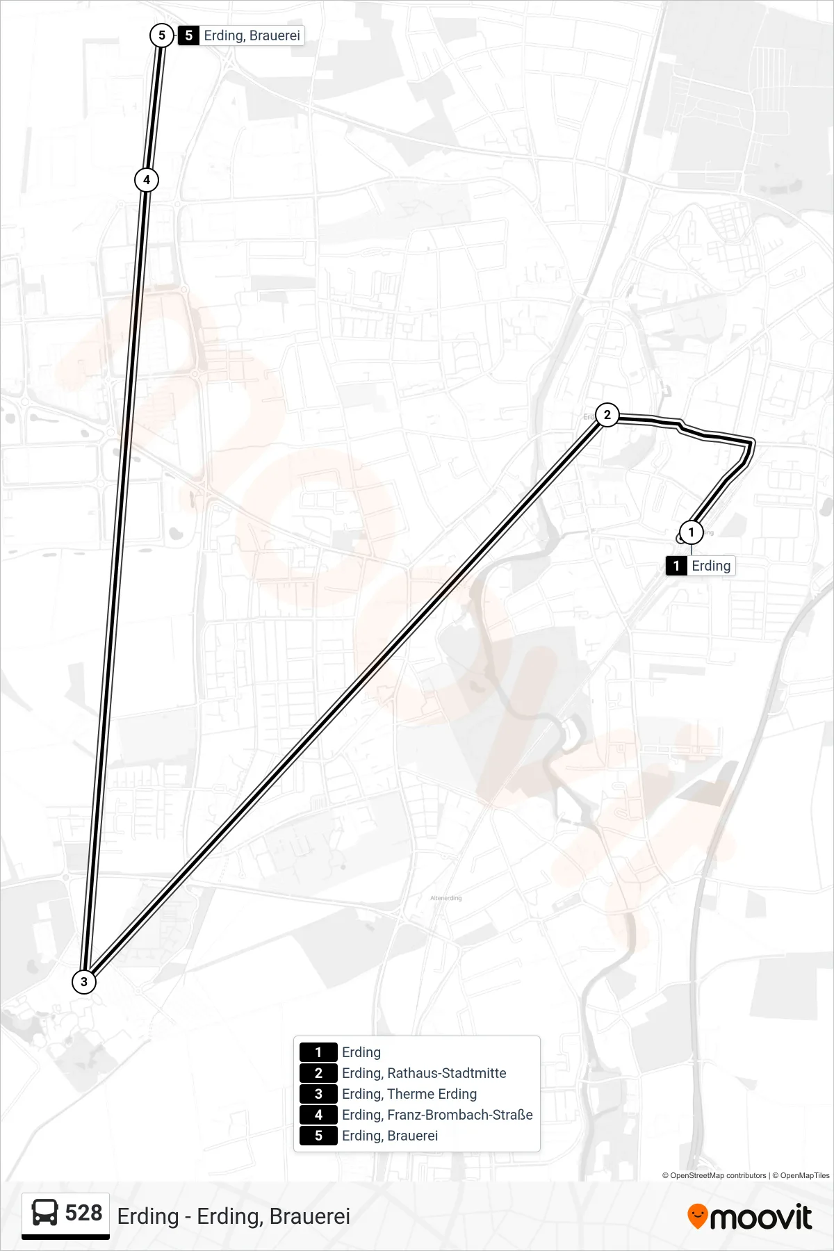 528 bus Line (Erding, Brauerei) route and stops on a map