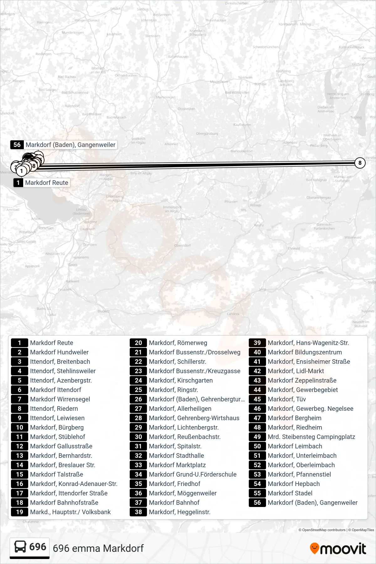 Linie 696 (Bus) Richtung Markdorf (Baden), Gangenweiler: Route und Haltestellen auf der Karte