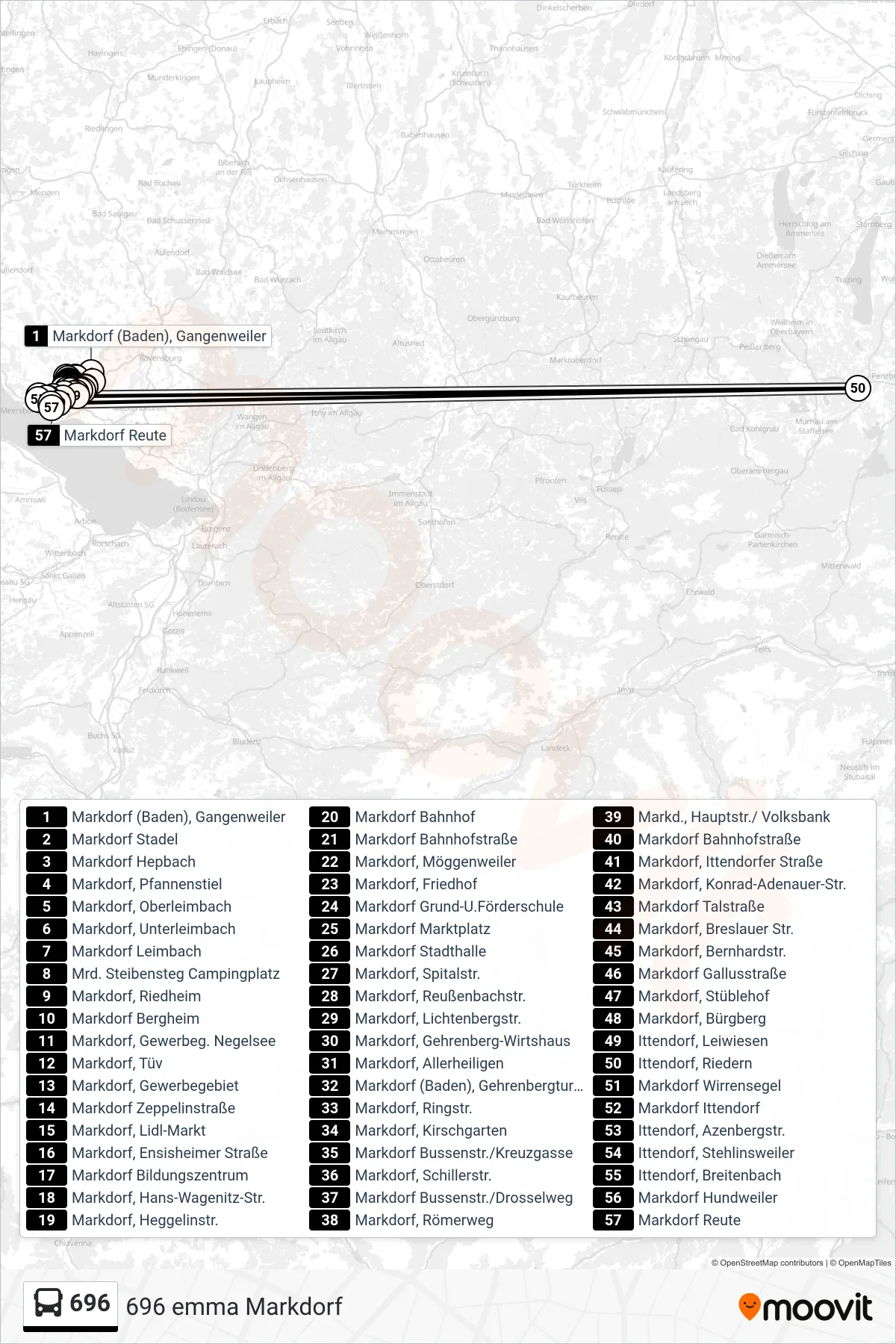 Linie 696 (Bus) Richtung Markdorf Reute: Route und Haltestellen auf der Karte