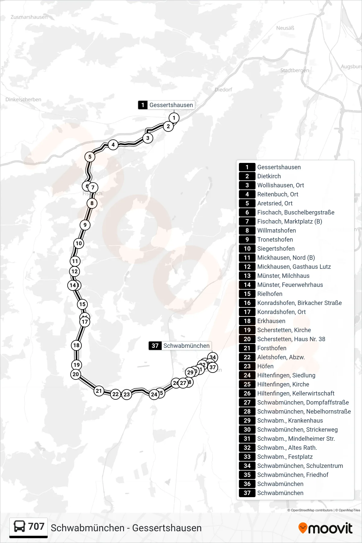 707 bus Line (Schwabmünchen) route and stops on a map