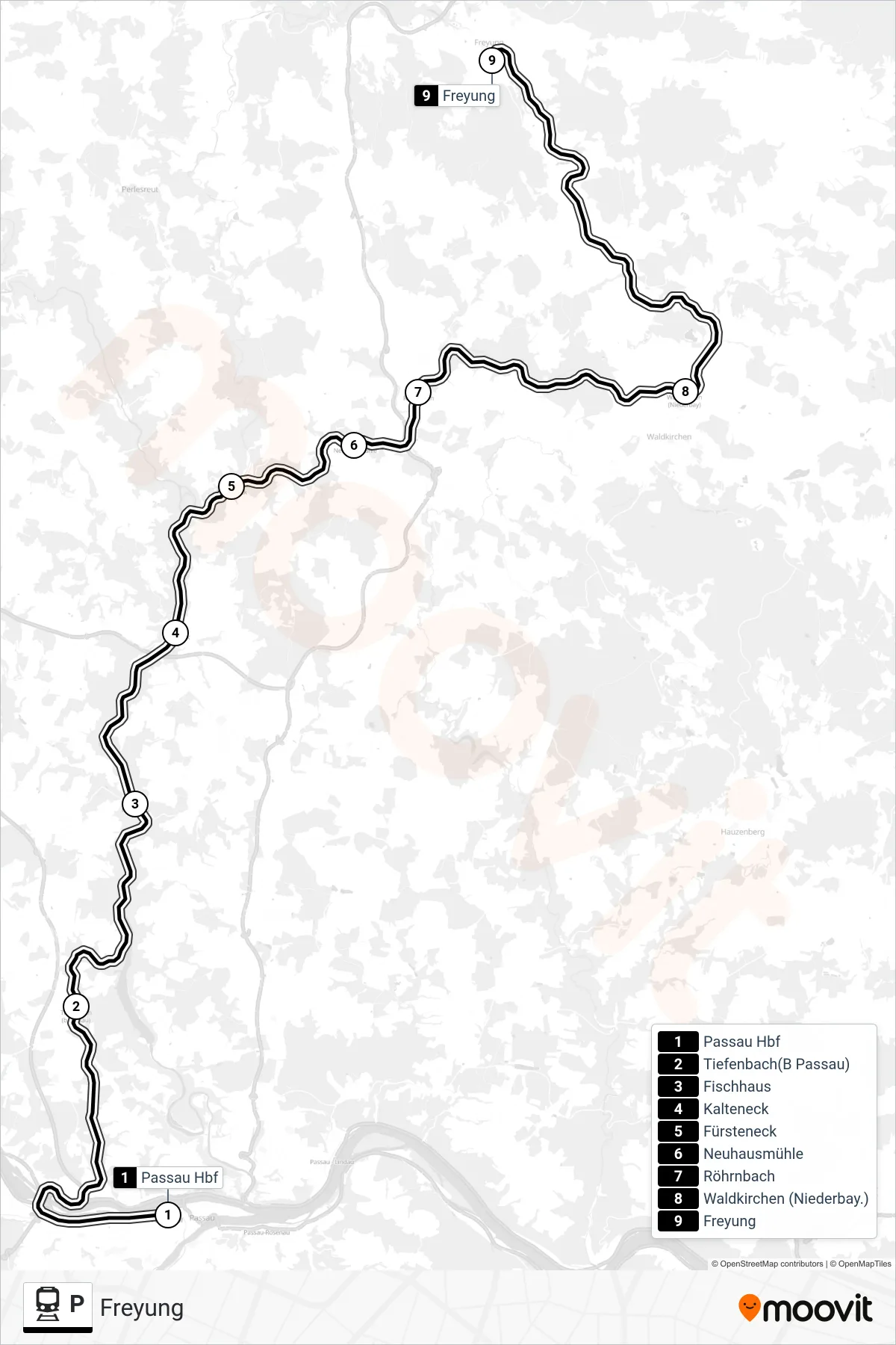 Linie P (Bahn) Richtung Freyung: Route und Haltestellen auf der Karte