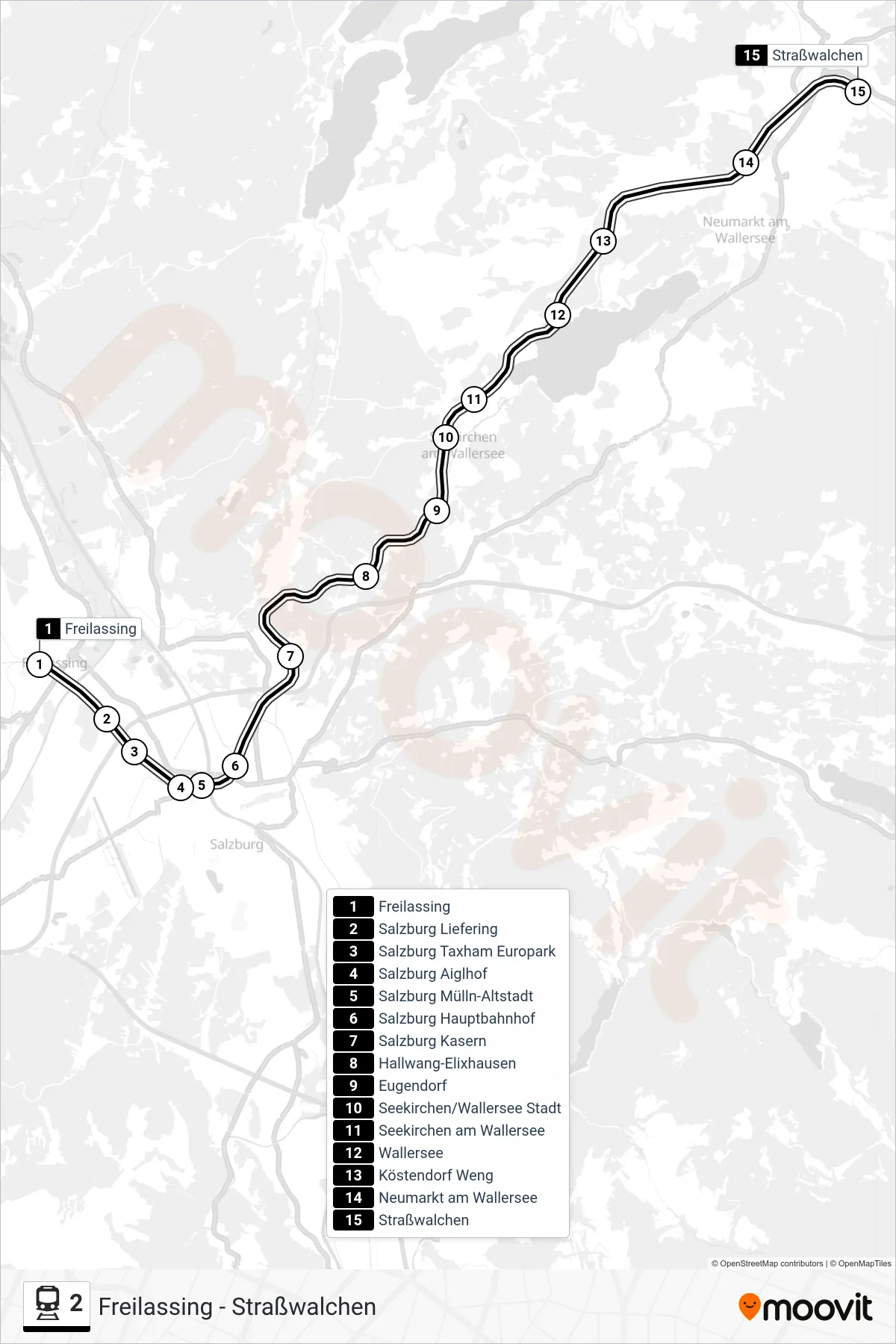 Linie 2 (Bahn) Richtung Straßwalchen: Route und Haltestellen auf der Karte