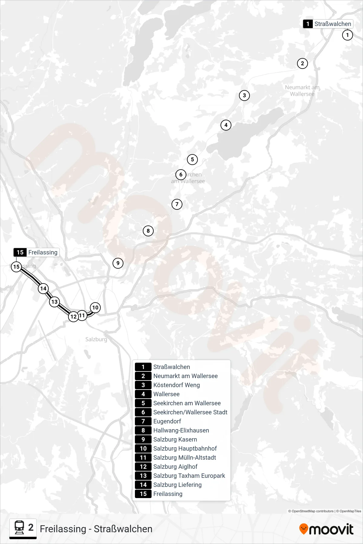 2 train Line (Freilassing) route and stops on a map