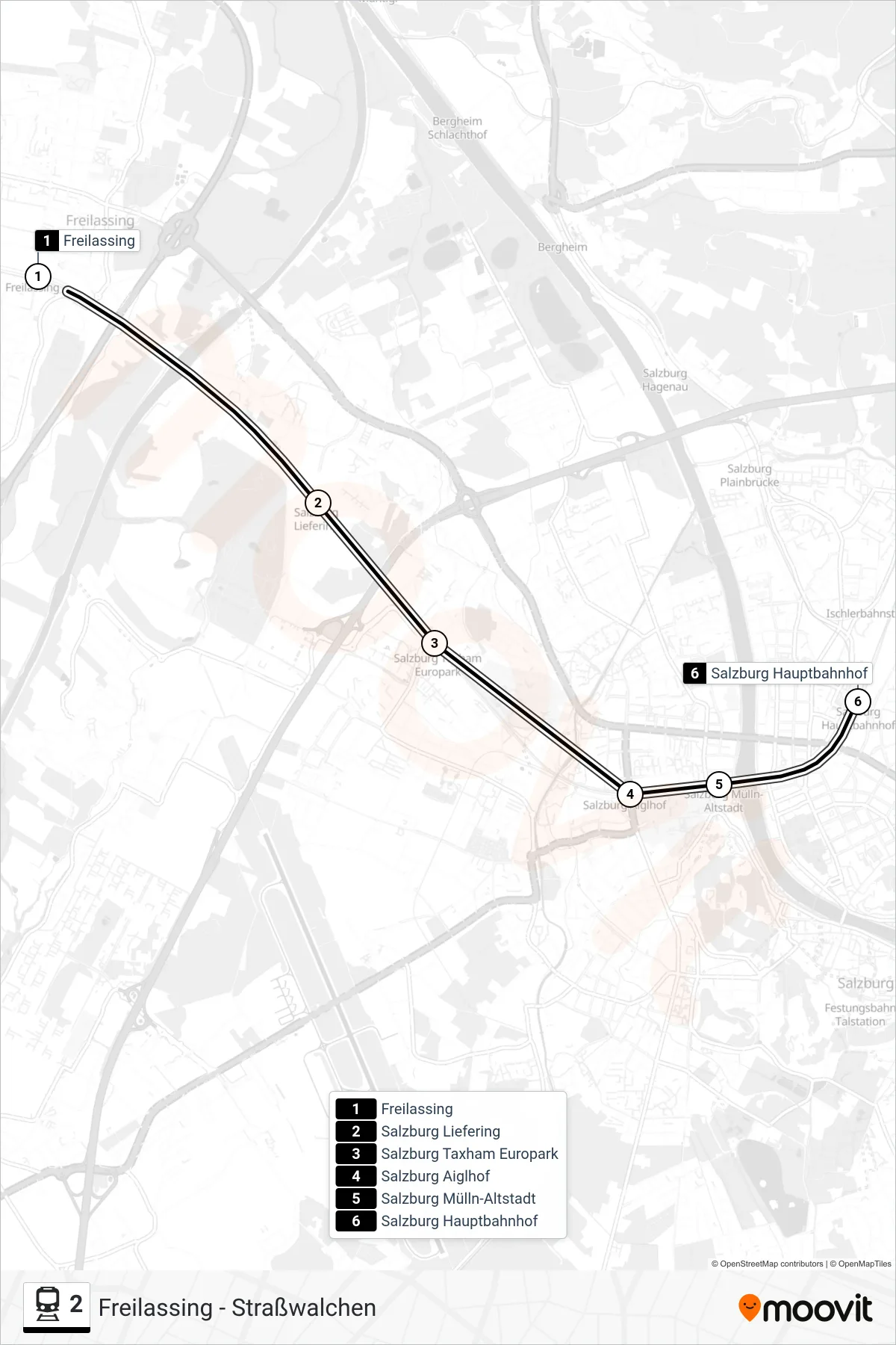 2 train Line (Salzburg Hauptbahnhof) route and stops on a map