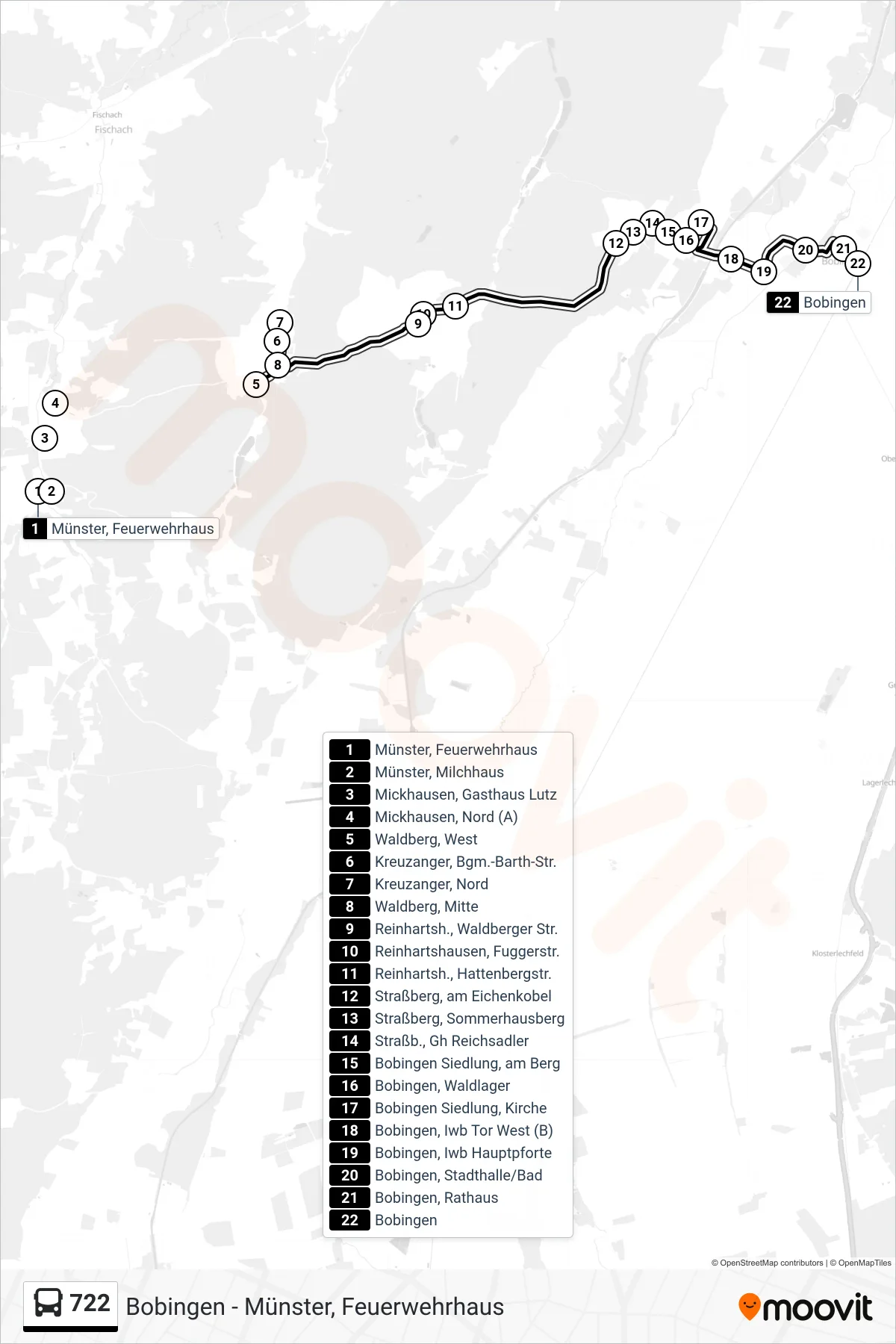 722 bus Line (Bobingen Bf Bahnhof) route and stops on a map