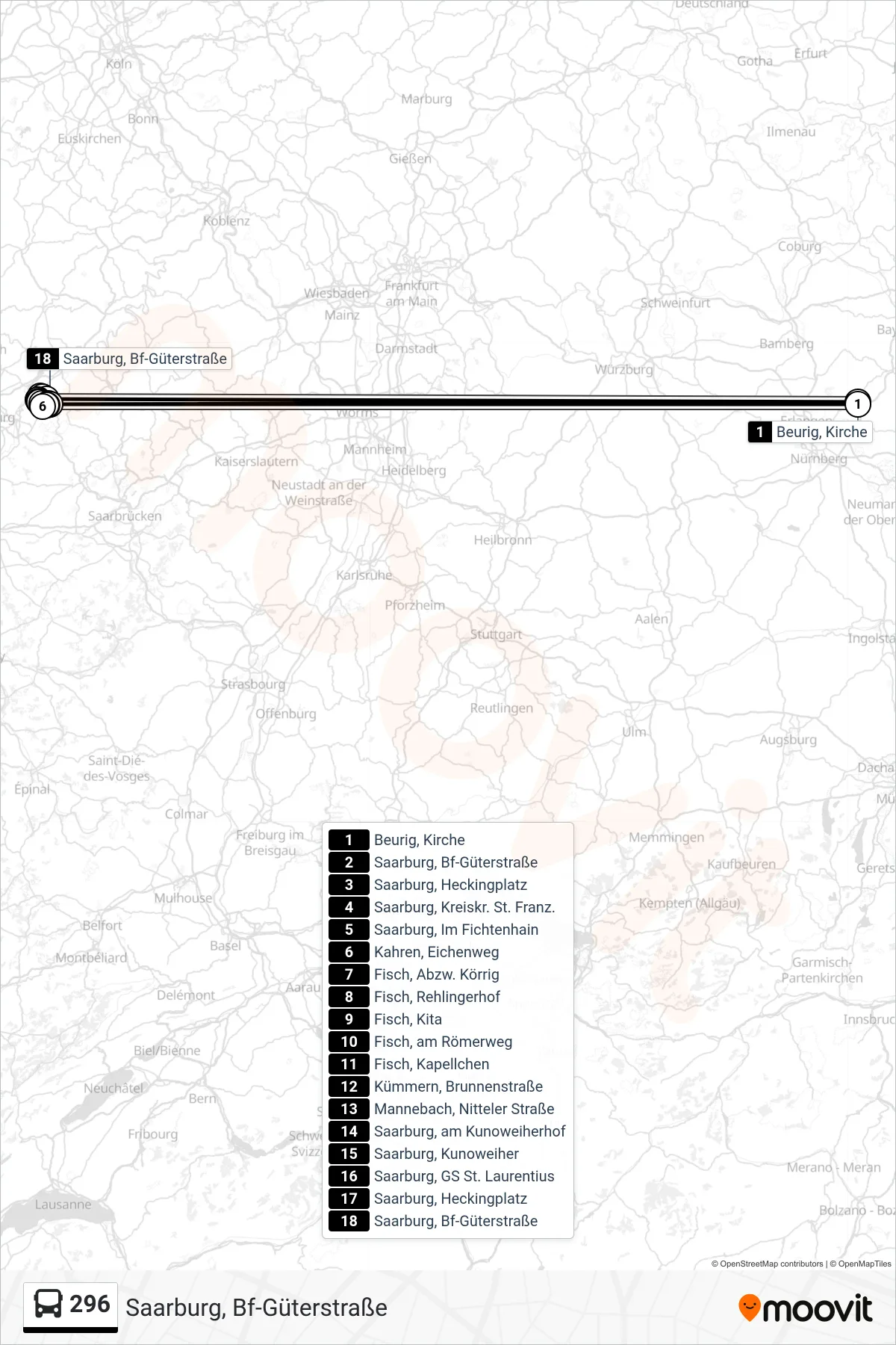296 bus Line (Saarburg, Bf-Güterstraße) route and stops on a map