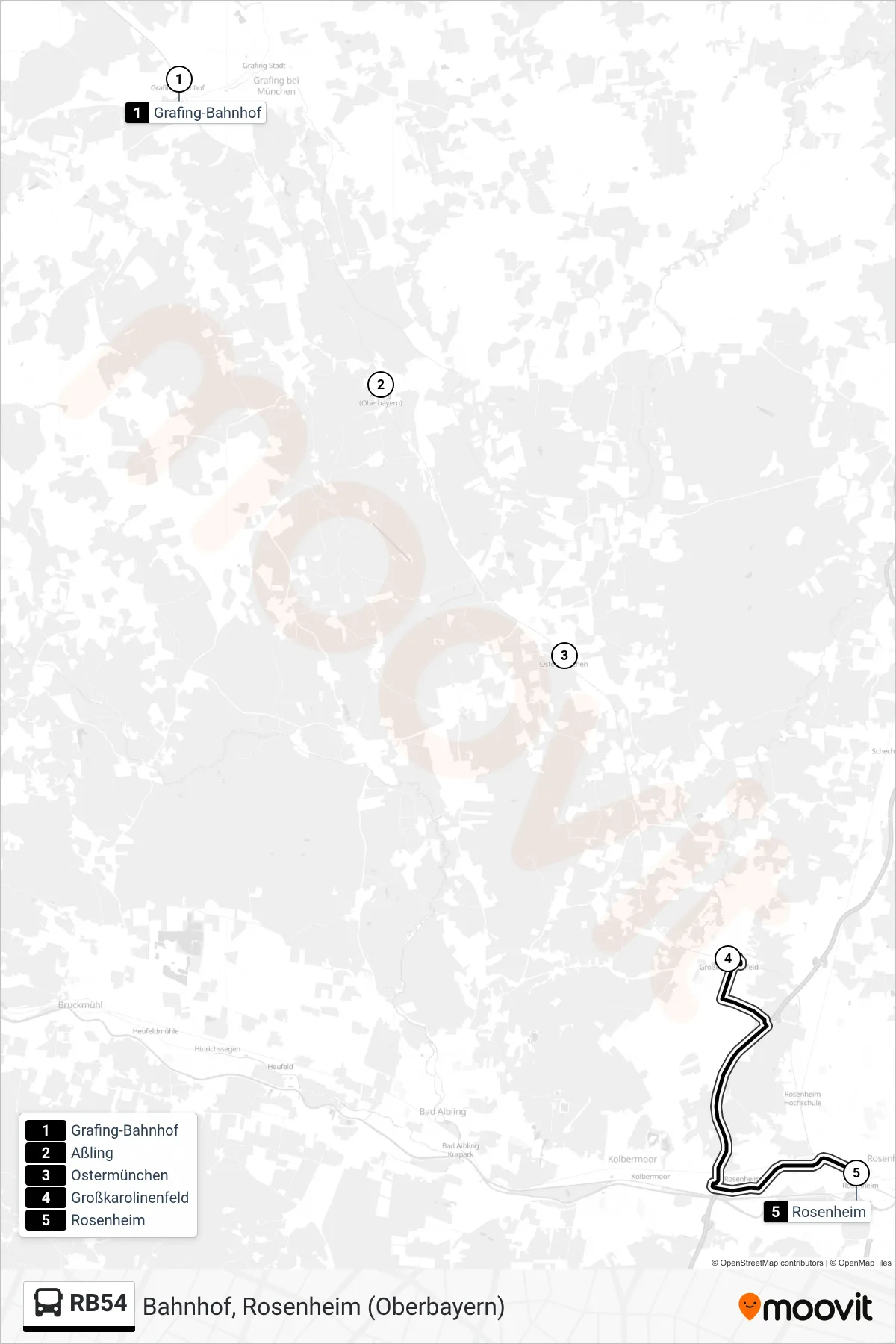 RB54 bus Line (Bahnhof, Rosenheim (Oberbayern)) route and stops on a map