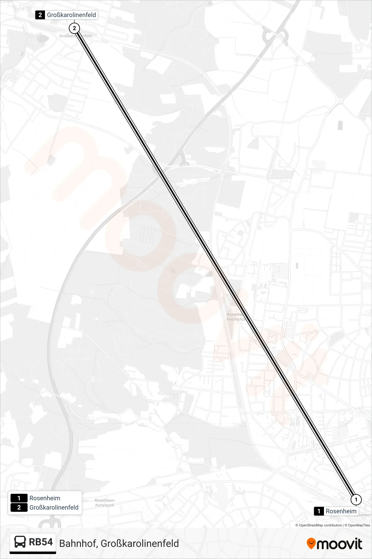 RB54 bus Line (Bahnhof, Großkarolinenfeld) route and stops on a map