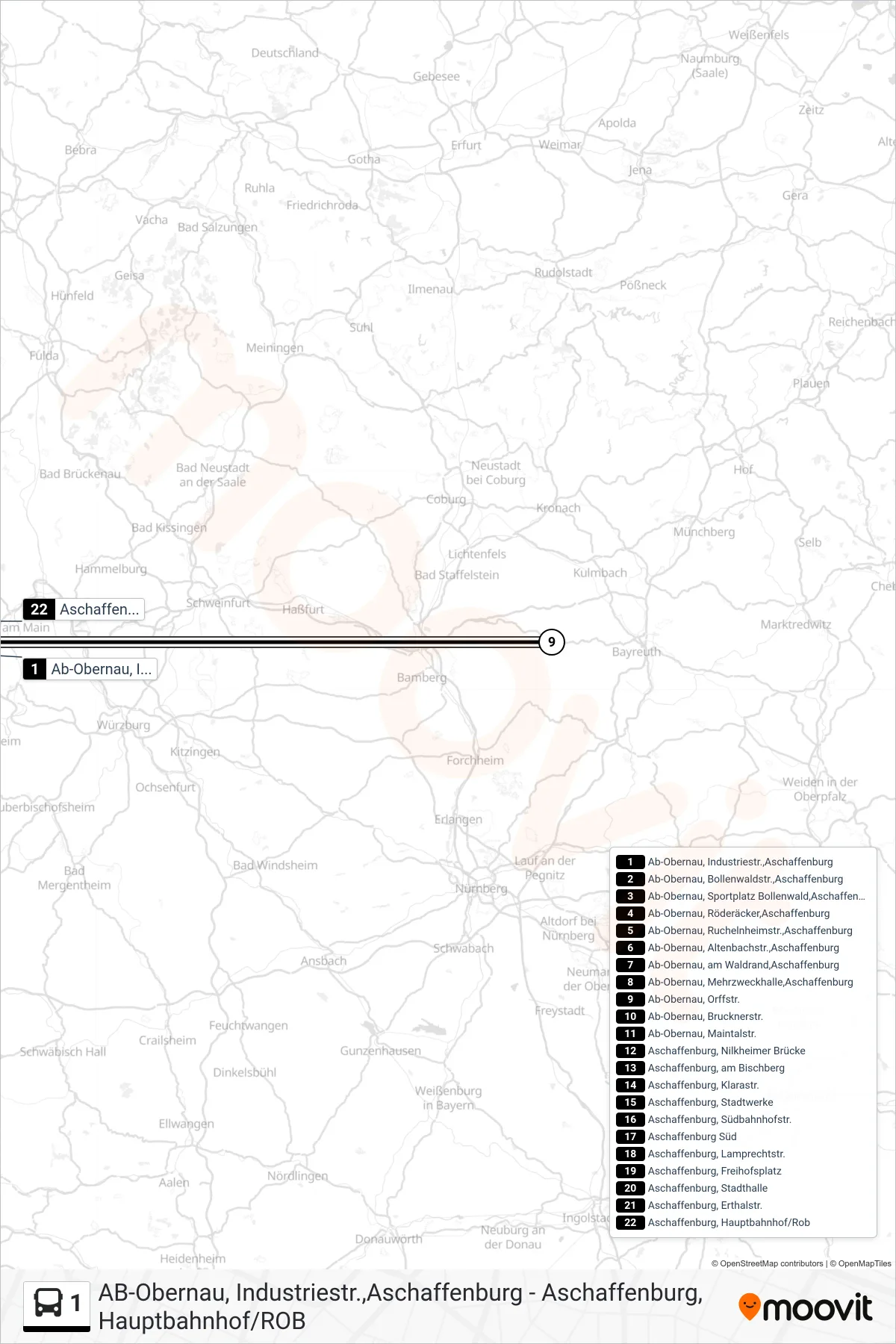 1 bus Line (Ast Hbf/Rob) route and stops on a map