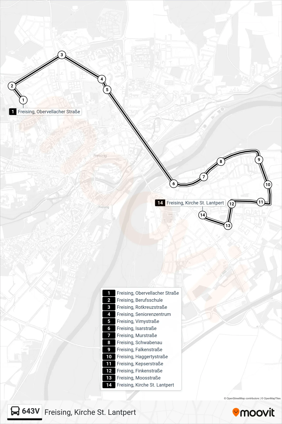 643V bus Line (Freising, Kirche St. Lantpert) route and stops on a map