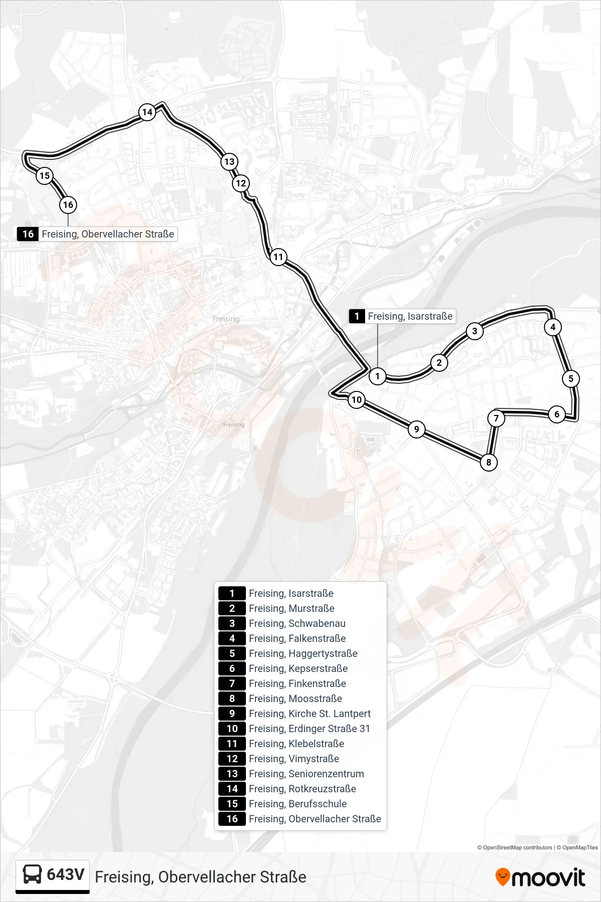 643V bus Line (Freising, Obervellacher Straße) route and stops on a map