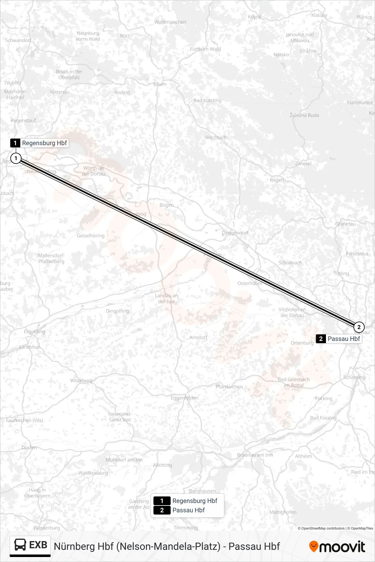 EXB bus Line (Hauptbahnhof, Passau) route and stops on a map