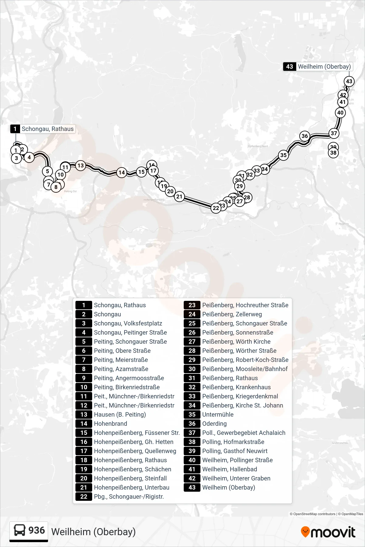 Linie 936 (Bus) Richtung Weilheim (Oberbay): Route und Haltestellen auf der Karte