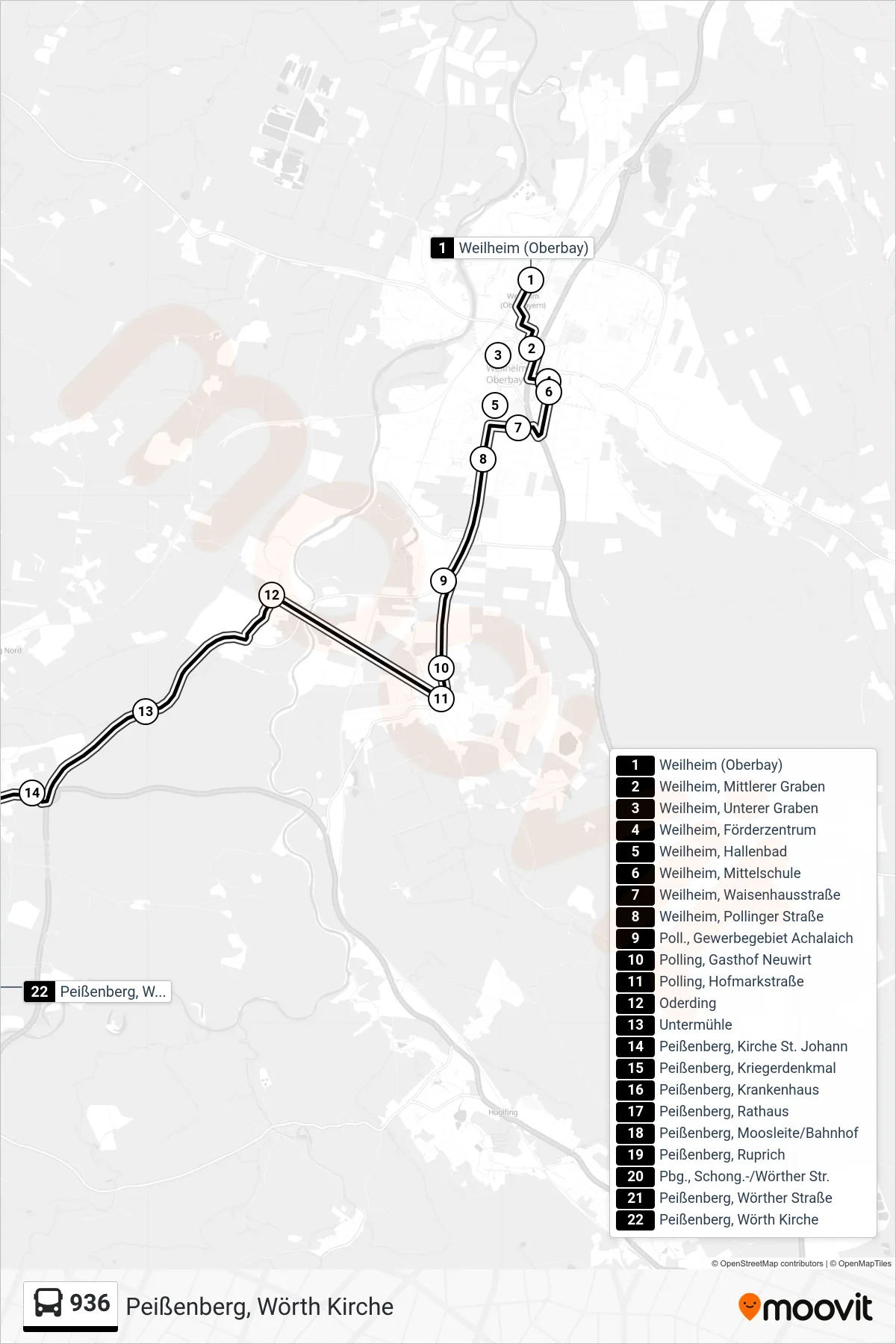 936 bus Line (Peißenberg, Wörth Kirche) route and stops on a map