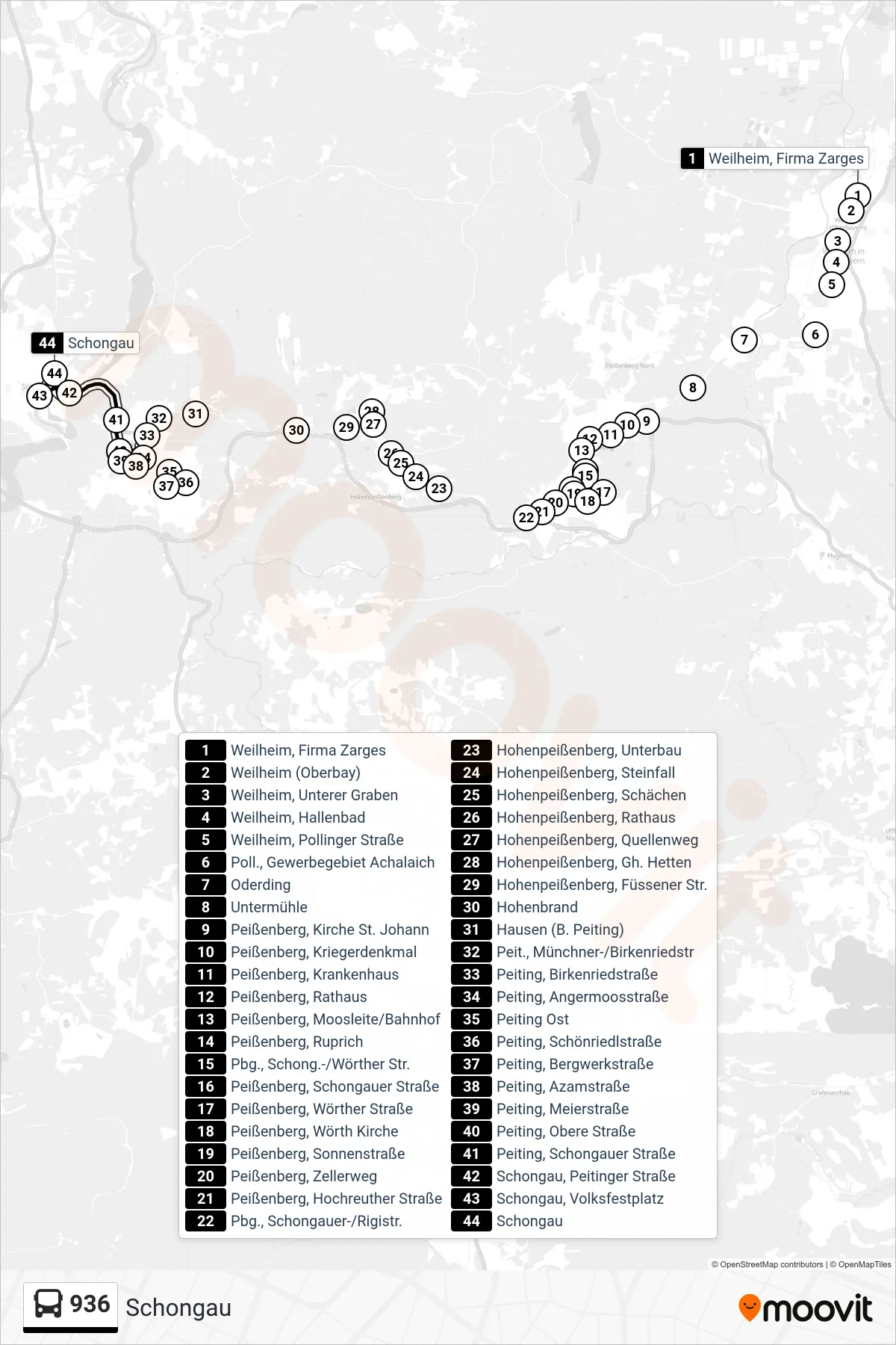 Linie 936 (Bus) Richtung Schongau: Route und Haltestellen auf der Karte