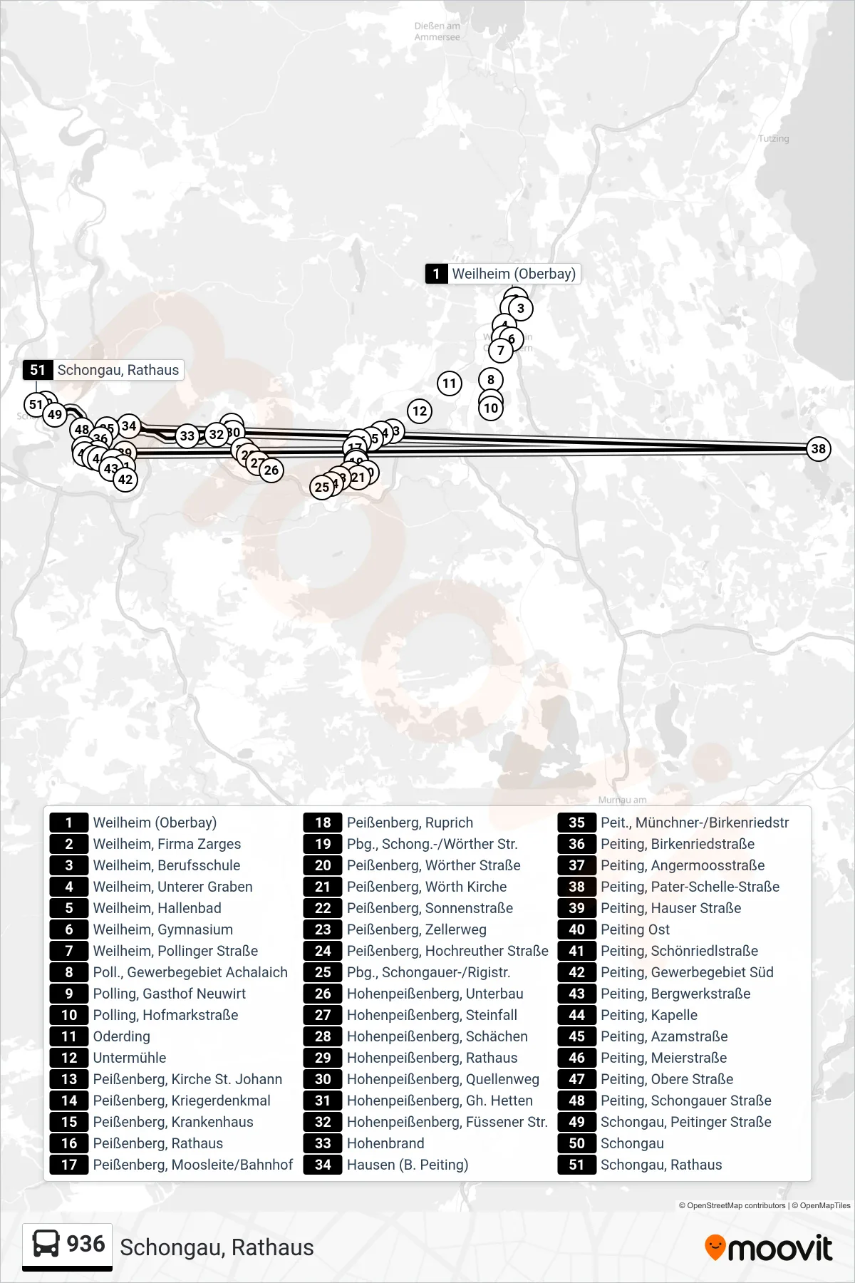936 bus Line (Schongau, Rathaus) route and stops on a map