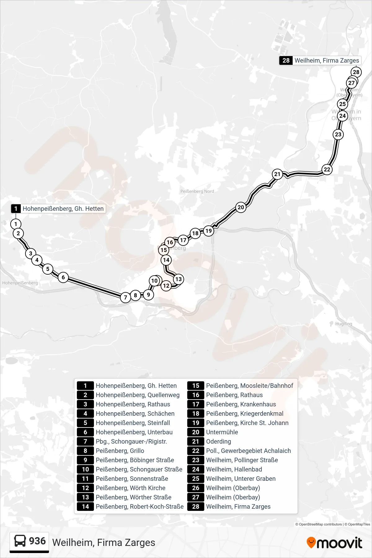 Linie 936 (Bus) Richtung Weilheim, Firma Zarges: Route und Haltestellen auf der Karte